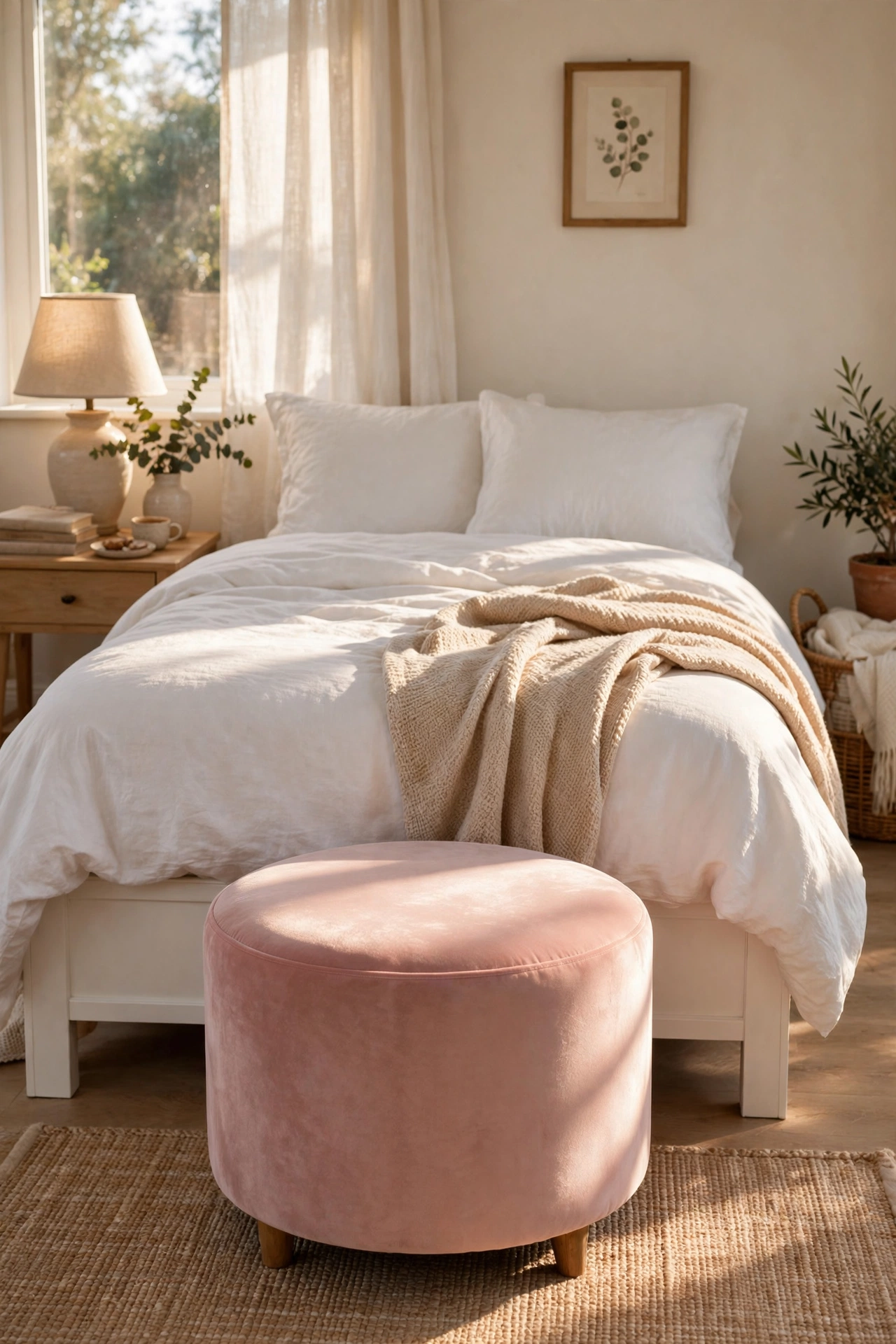 Blush pink velvet ottoman at the foot of a bed in a bright bedroom