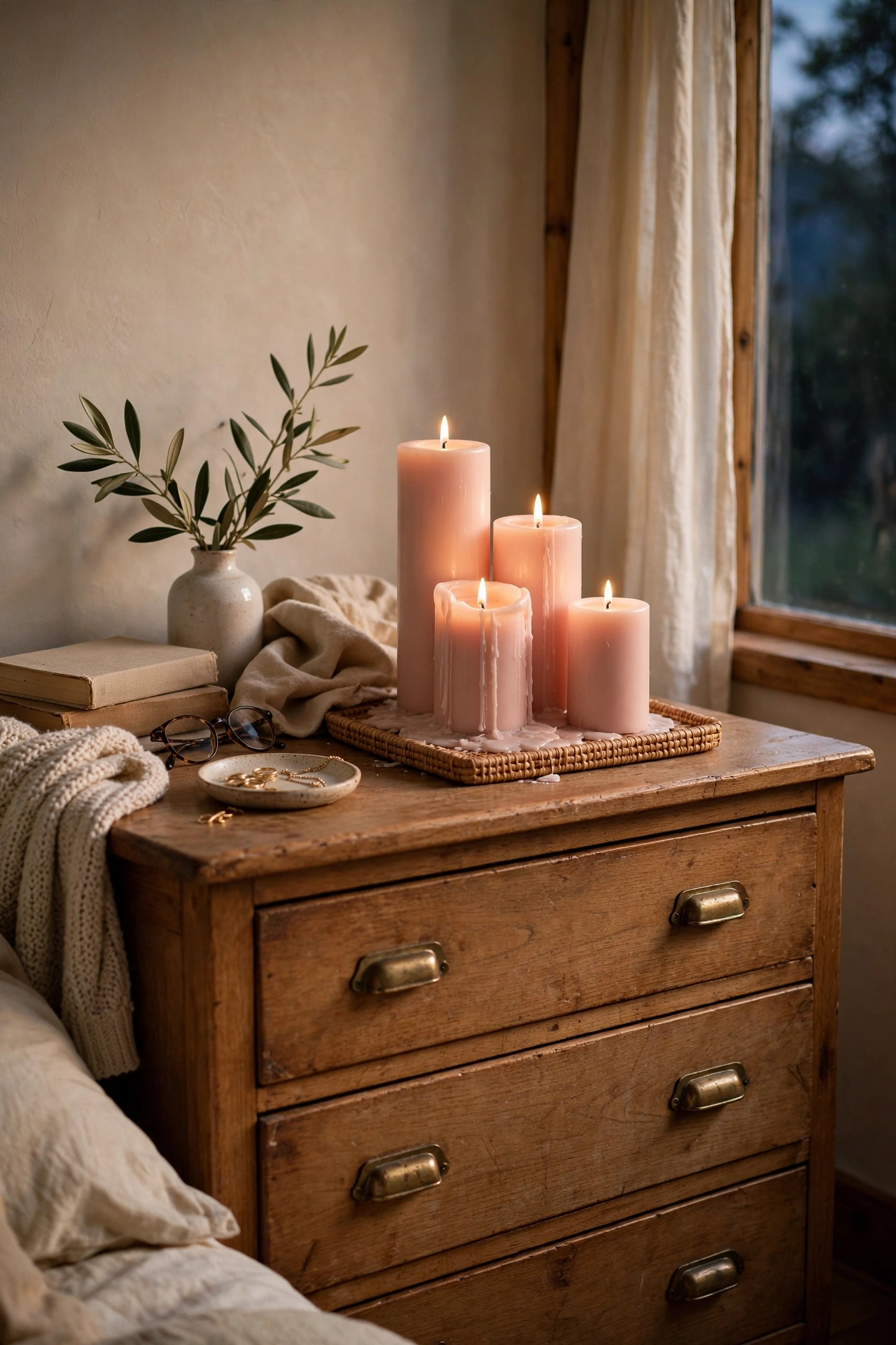 Cluster of blush pink candles in mixed heights on a tray in a bedroom
