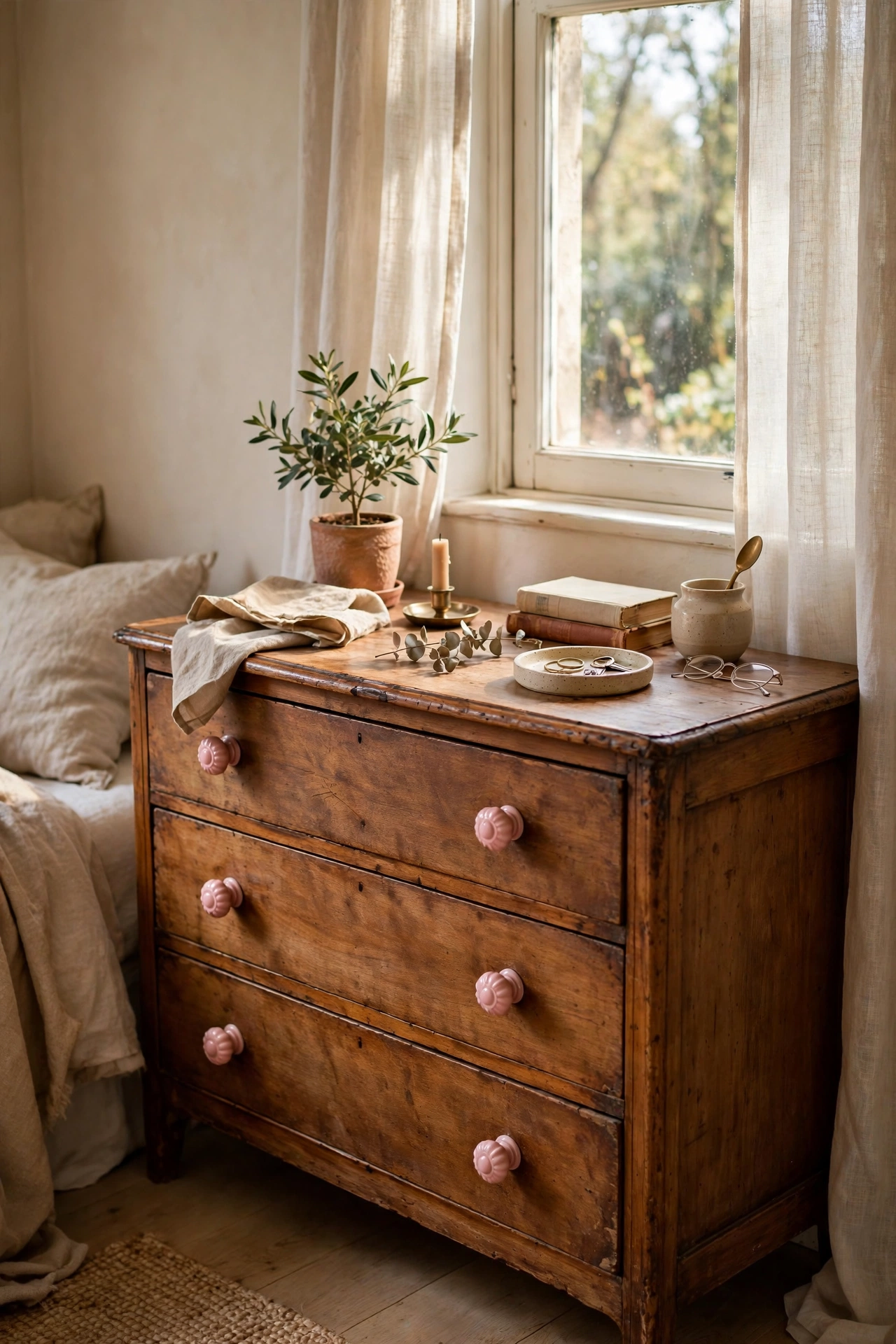 Old wooden dresser with new blush pink ceramic knobs in a bedroom
