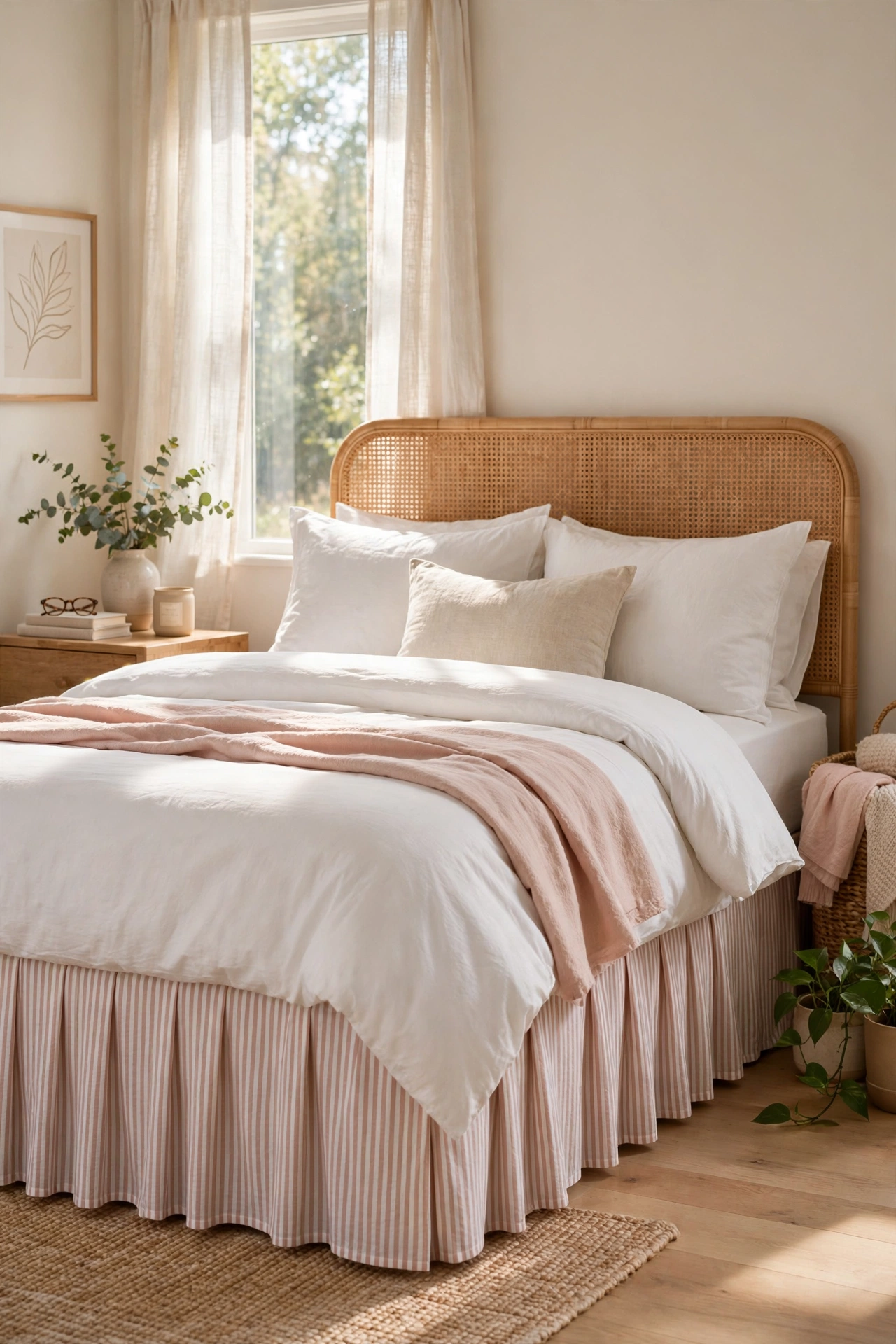 Bed with a blush and white striped bed skirt hiding under bed storage