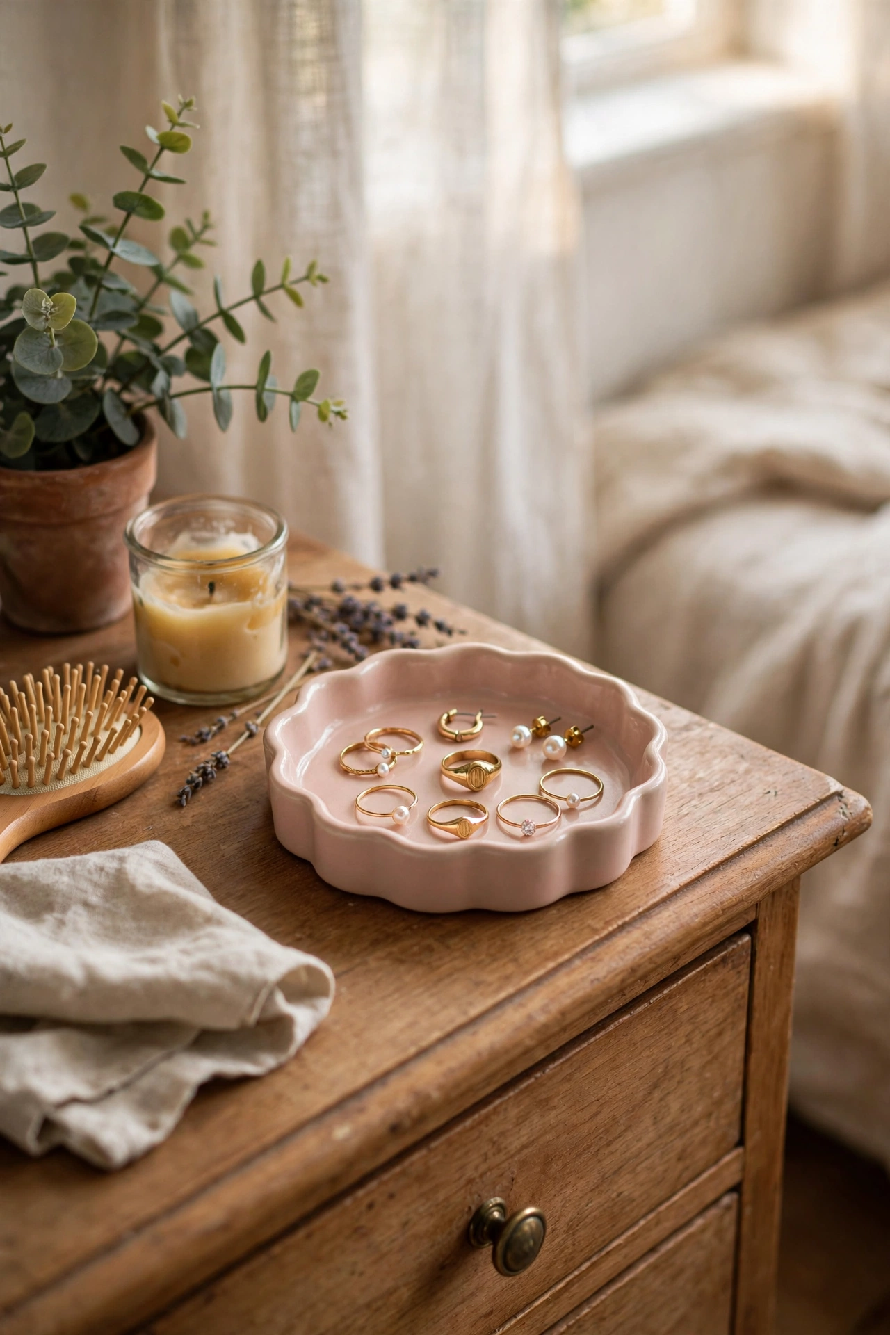 Small blush pink ceramic trinket tray holding jewellery on a bedroom dresser