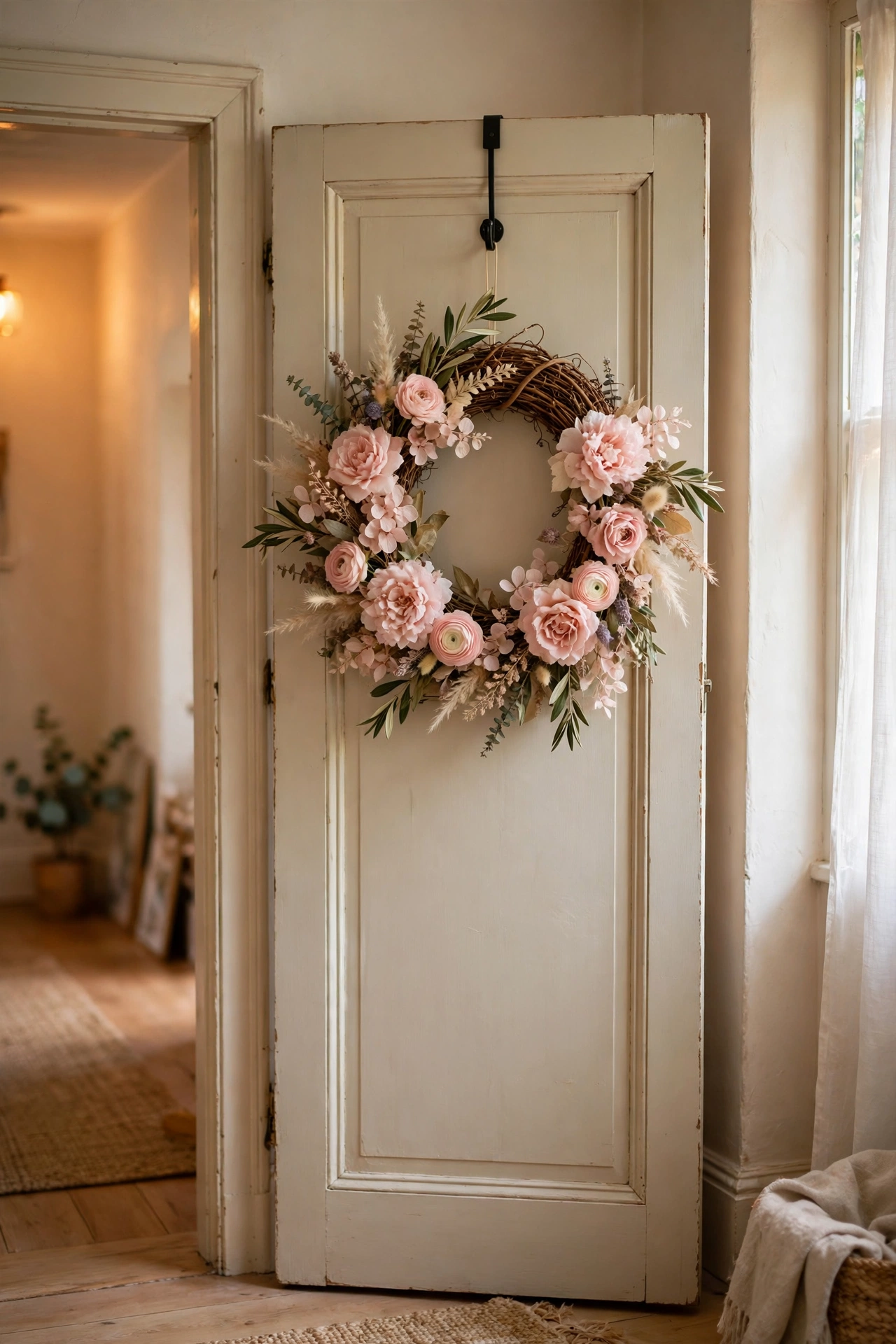 Blush pink floral wreath hanging on a bedroom door