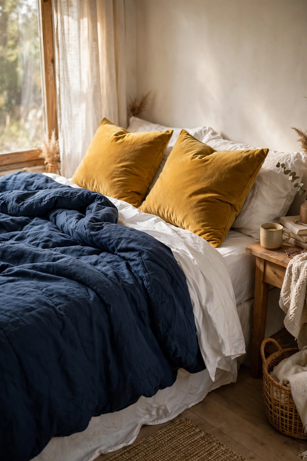 Mustard yellow velvet throw pillows on navy blue bedding