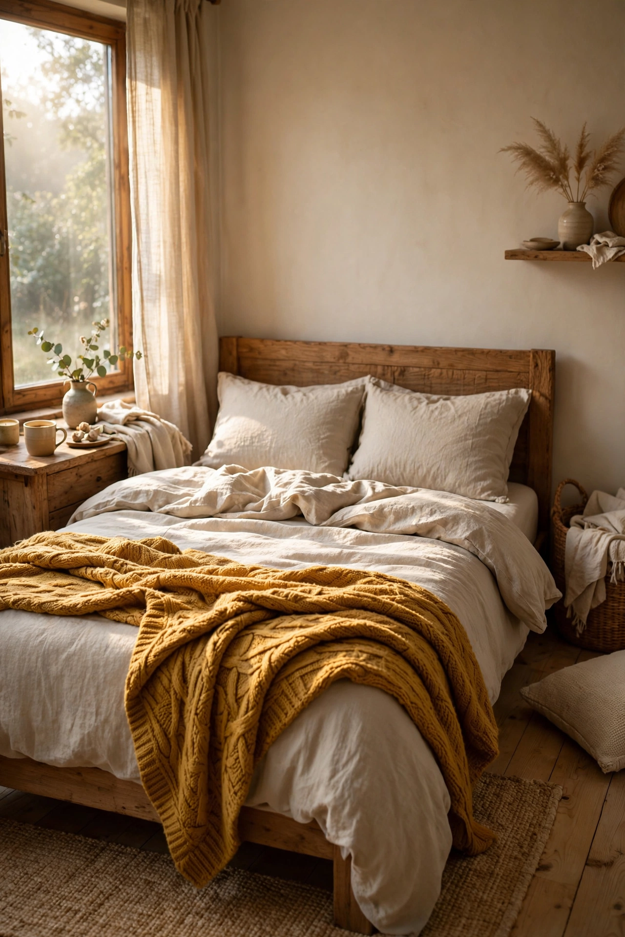 Chunky mustard yellow knit throw draped across the foot of a bed