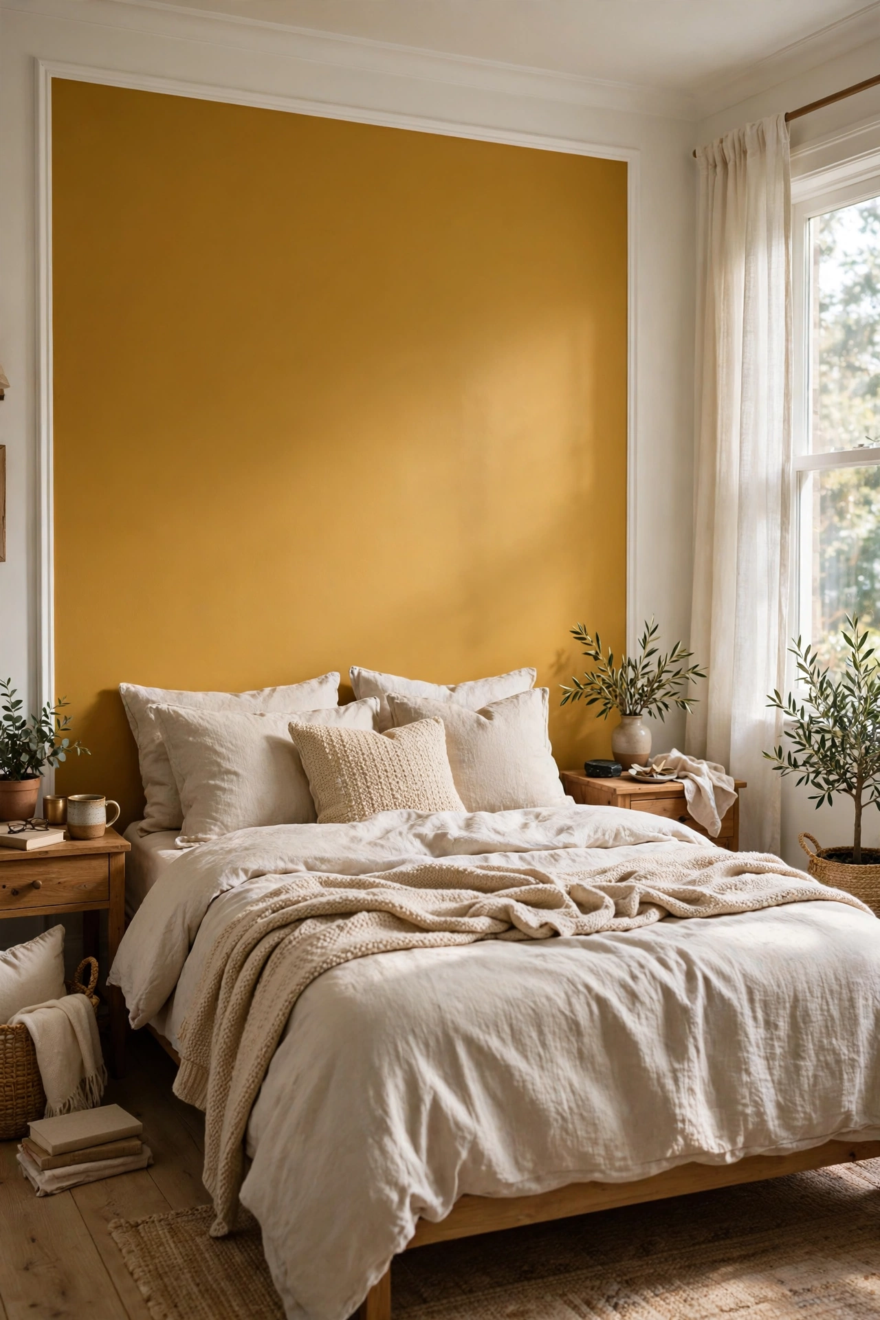 Bedroom with one mustard yellow painted accent wall behind the bed