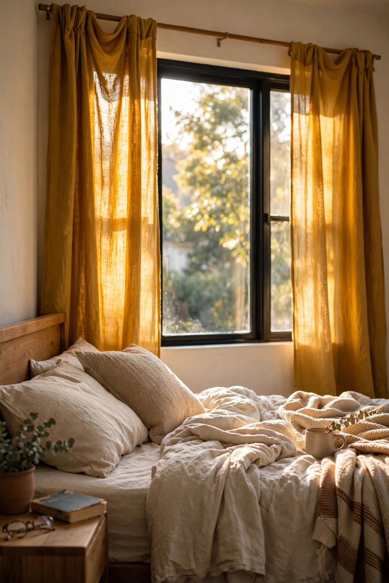 Mustard yellow linen curtains hung high and wide on a bedroom window