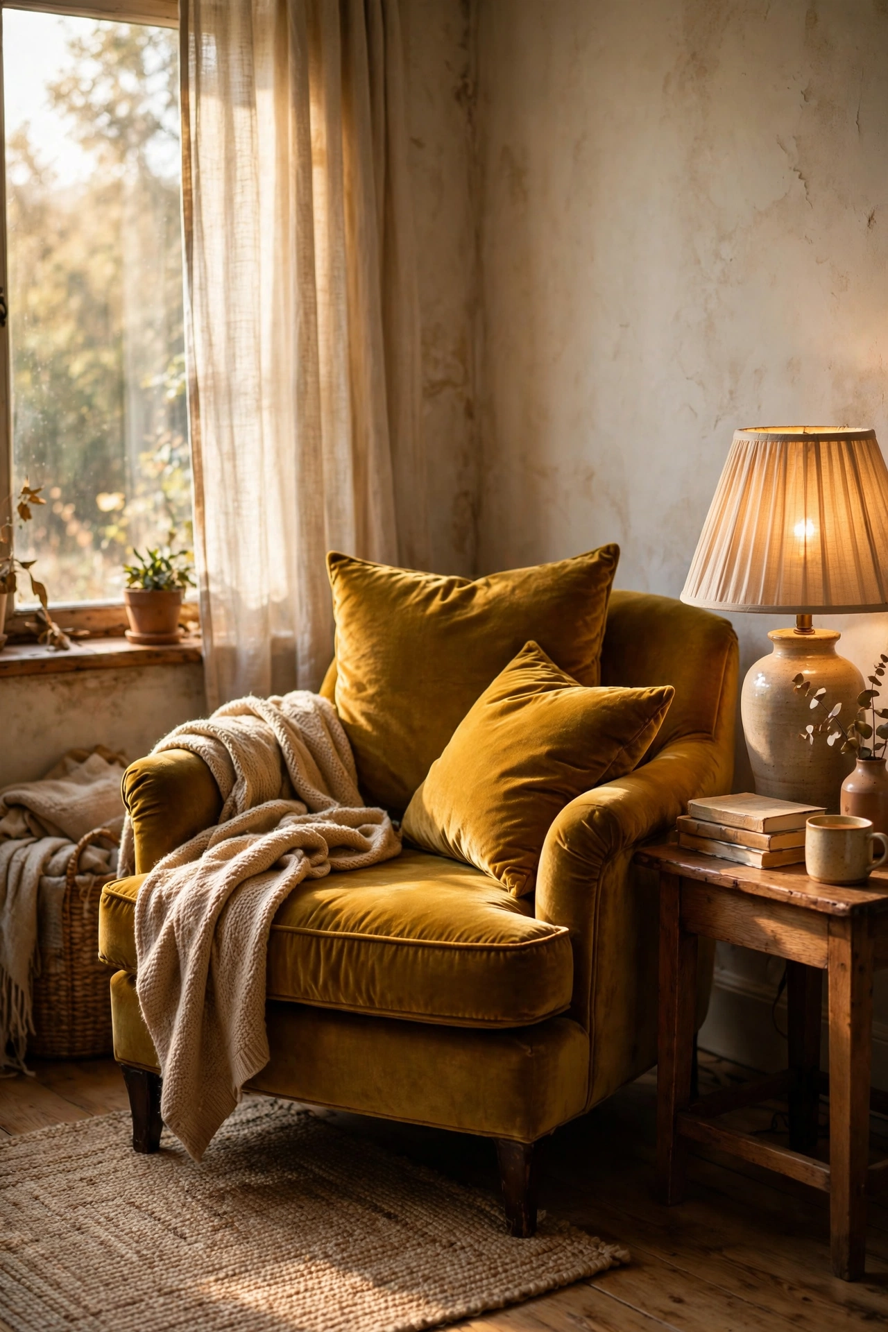 Reading chair with deep mustard yellow velvet cushions in a bedroom corner
