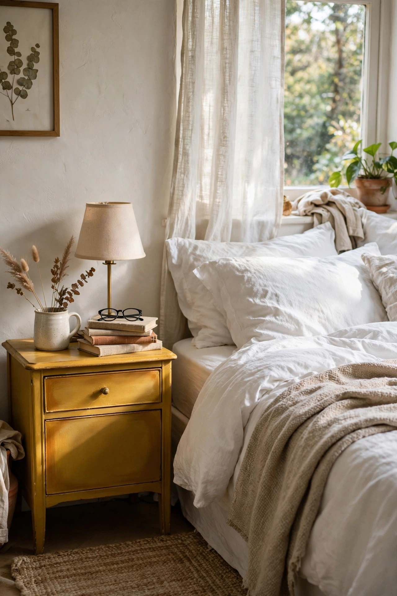 Thrifted wooden nightstand painted mustard yellow beside a bed
