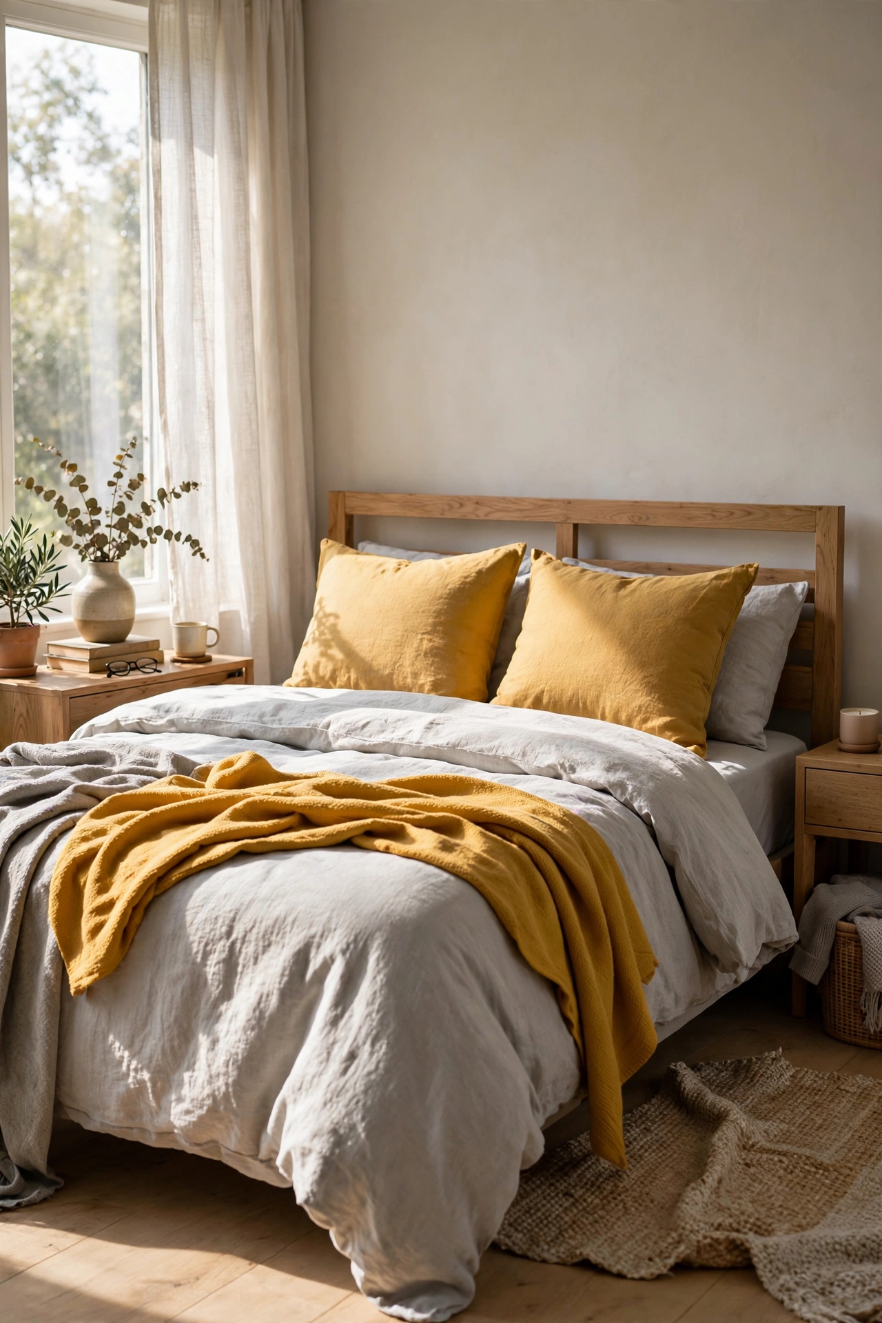 Light grey bedding with mustard yellow throw and pillow shams
