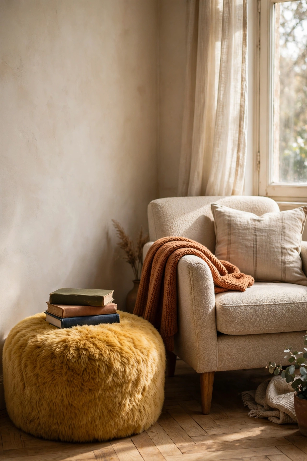 Round mustard yellow faux fur pouf beside a reading chair