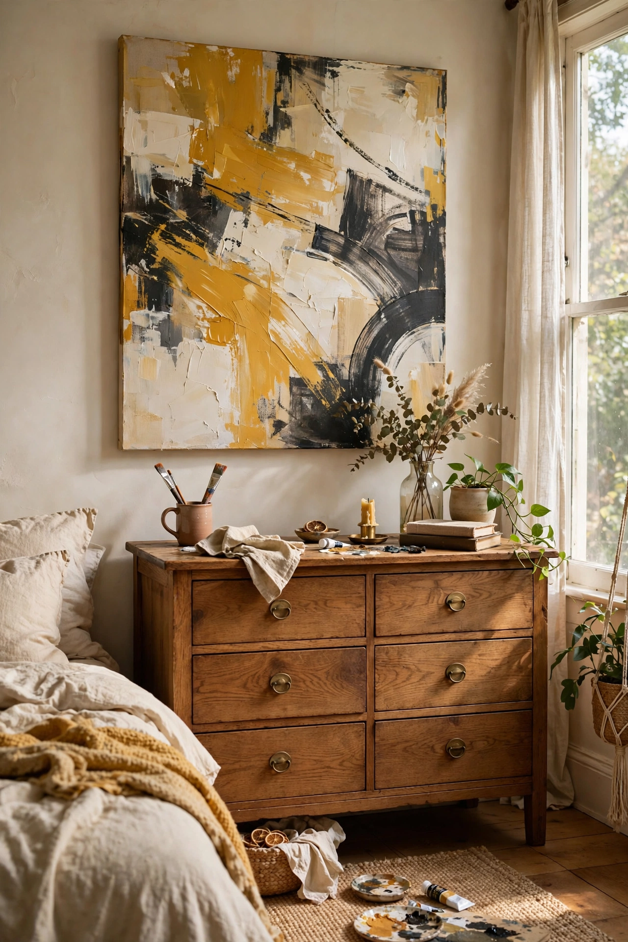 DIY mustard yellow abstract canvas painting above a bedroom dresser