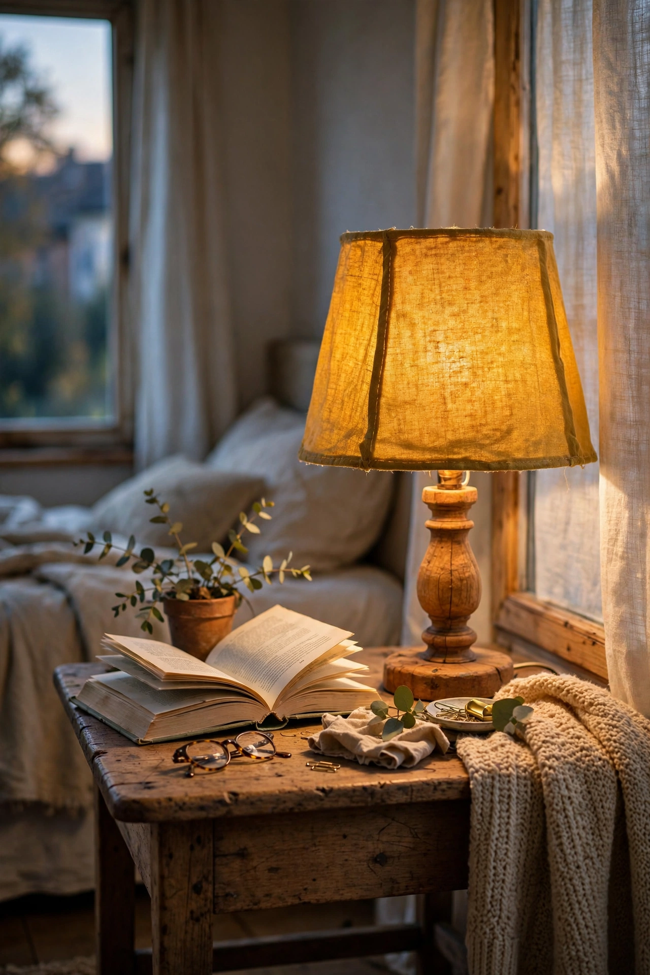 Bedroom lamp with a handmade mustard yellow fabric lampshade glowing