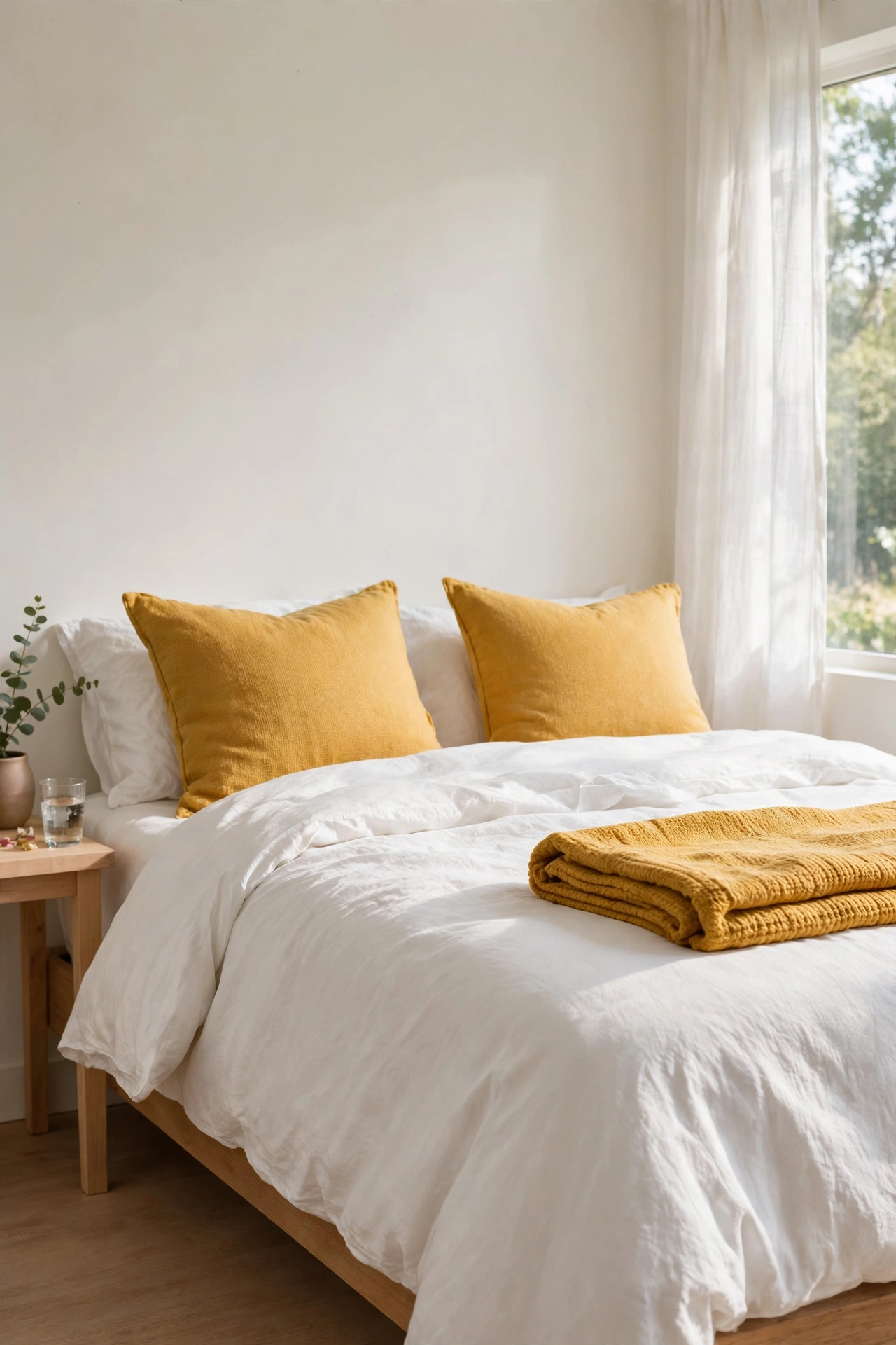 Crisp white bedding with three mustard yellow accents on pillows and throw