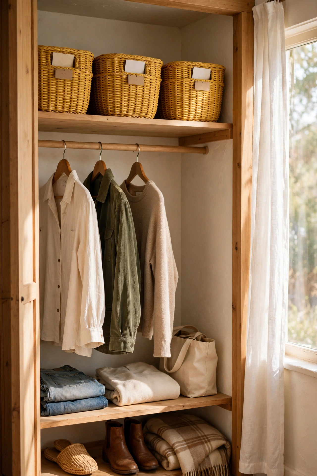 Three mustard yellow woven storage baskets lined up on a closet shelf