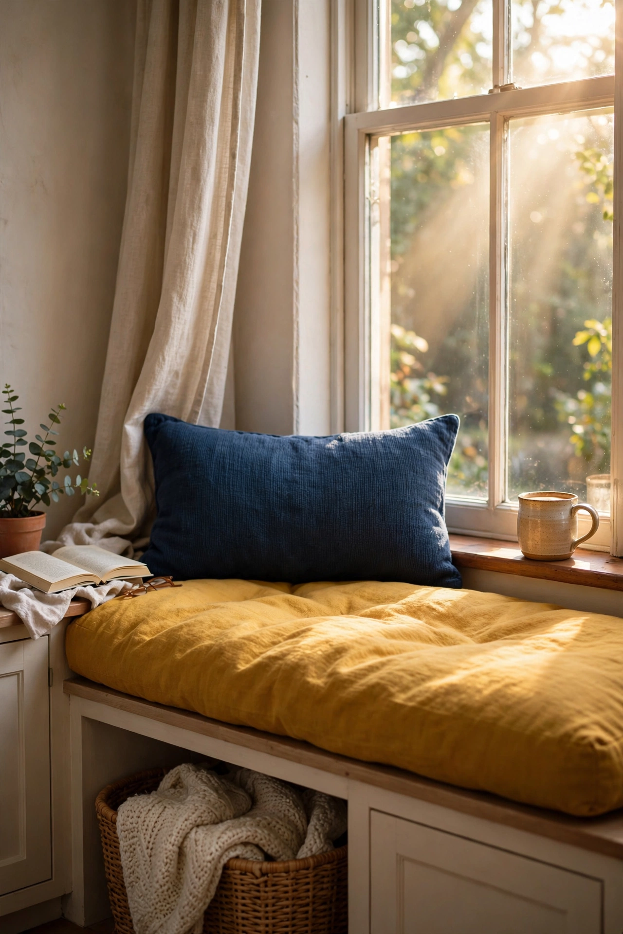 Window seat with a mustard yellow cushion and contrasting lumbar pillow