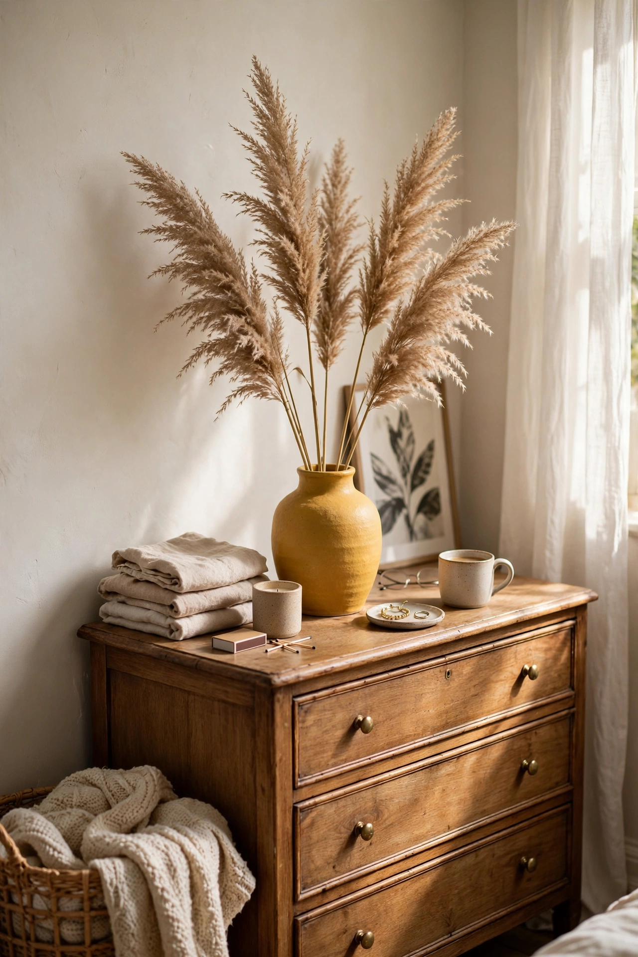 Mustard yellow ceramic vase with dried pampas grasses on a dresser
