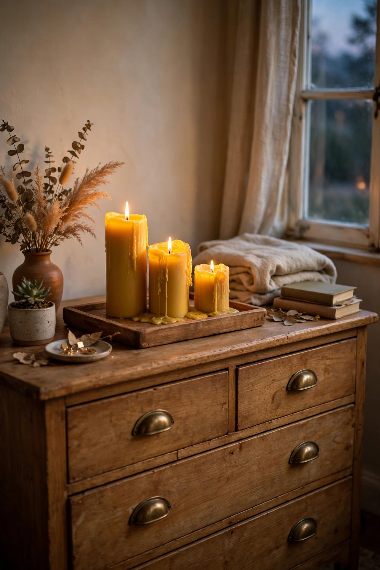 Mustard yellow candles in mixed heights on a wooden tray in a bedroom
