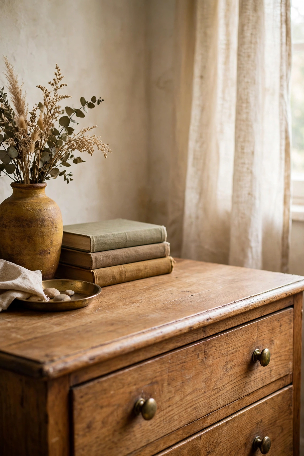 Bedroom dresser top styled with mustard vase, books and brass dish