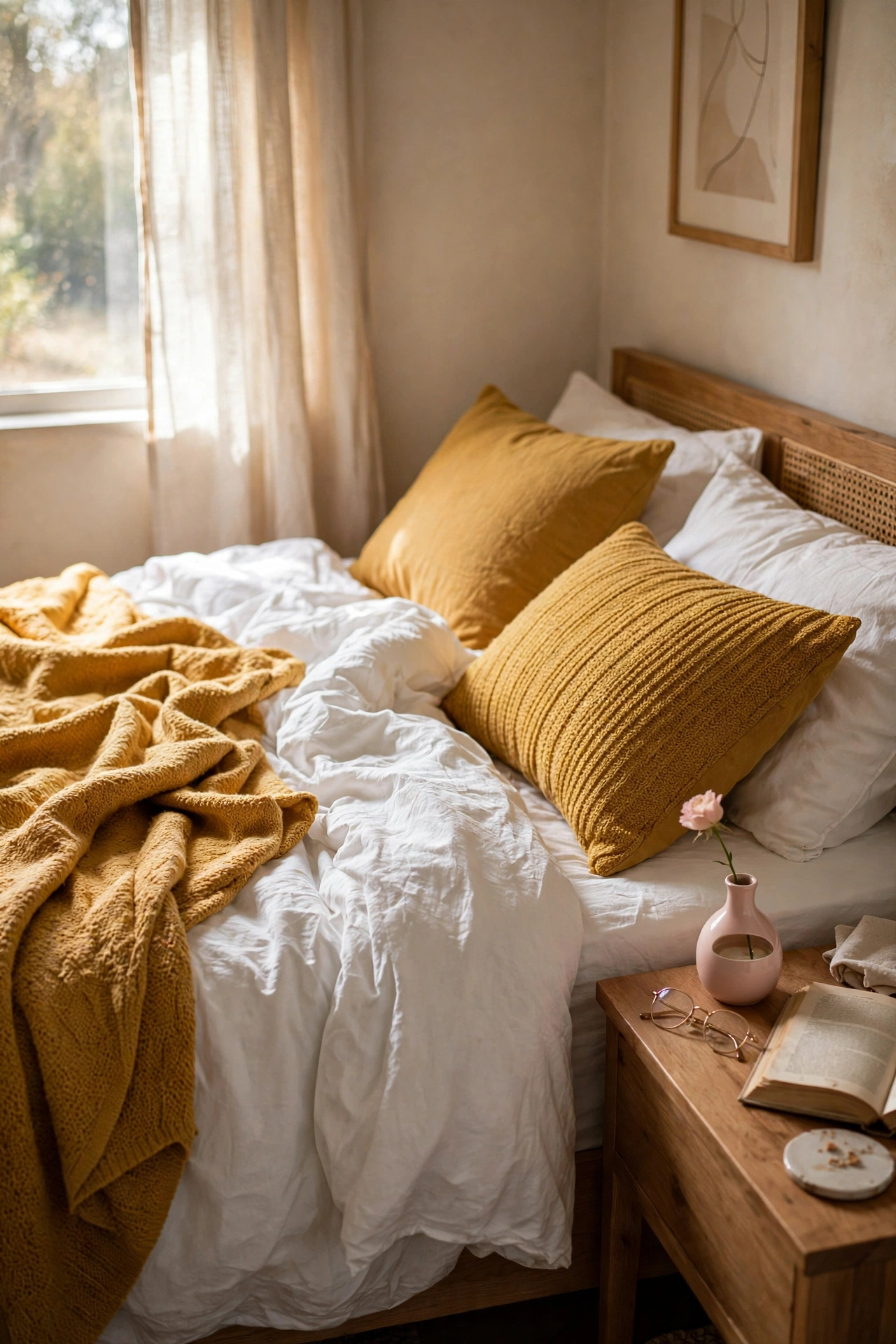 Bedroom pairing mustard yellow textiles with one soft blush pink accent