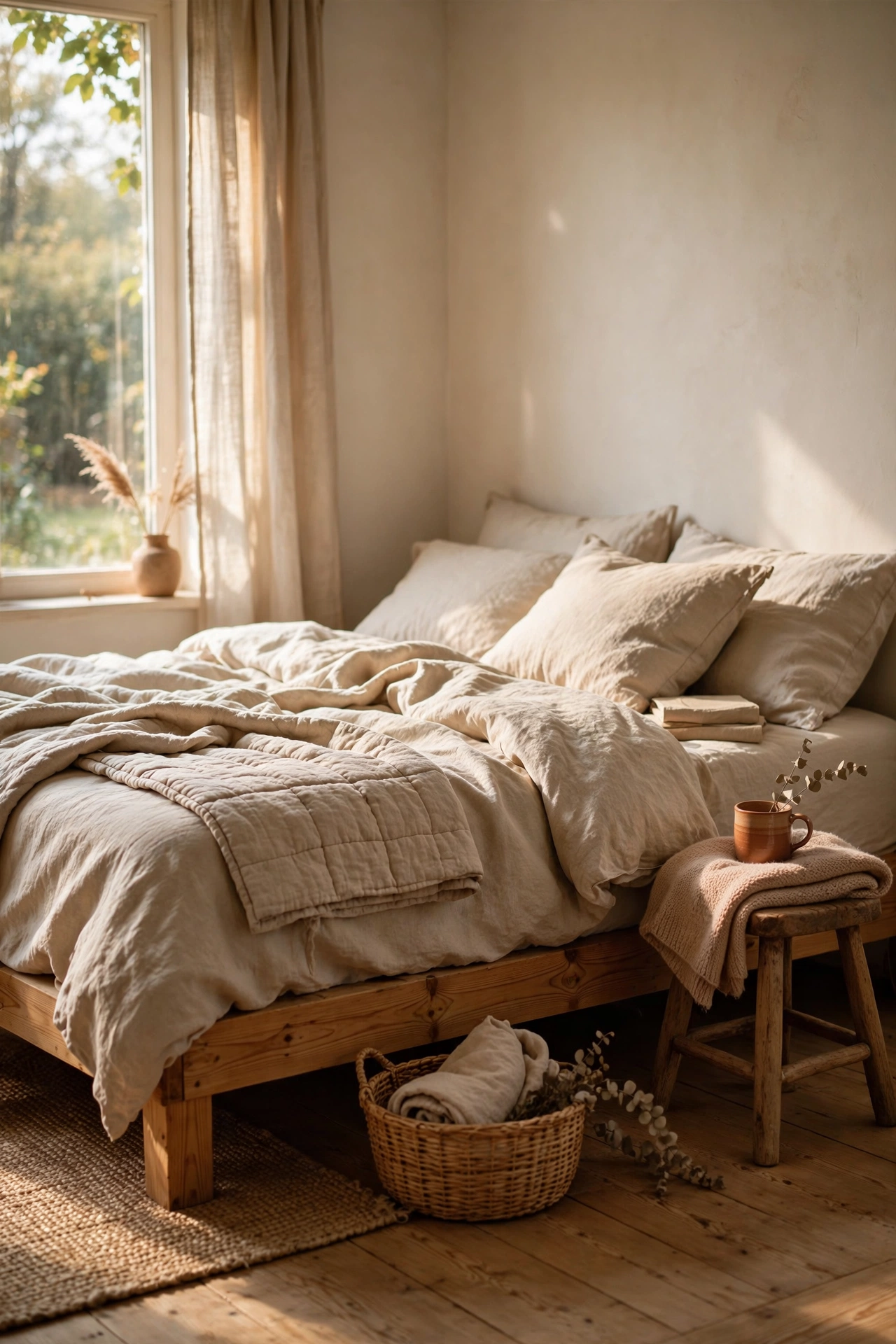 Low platform bed built from simple pine boards with undyed linen bedding in a calm bedroom
