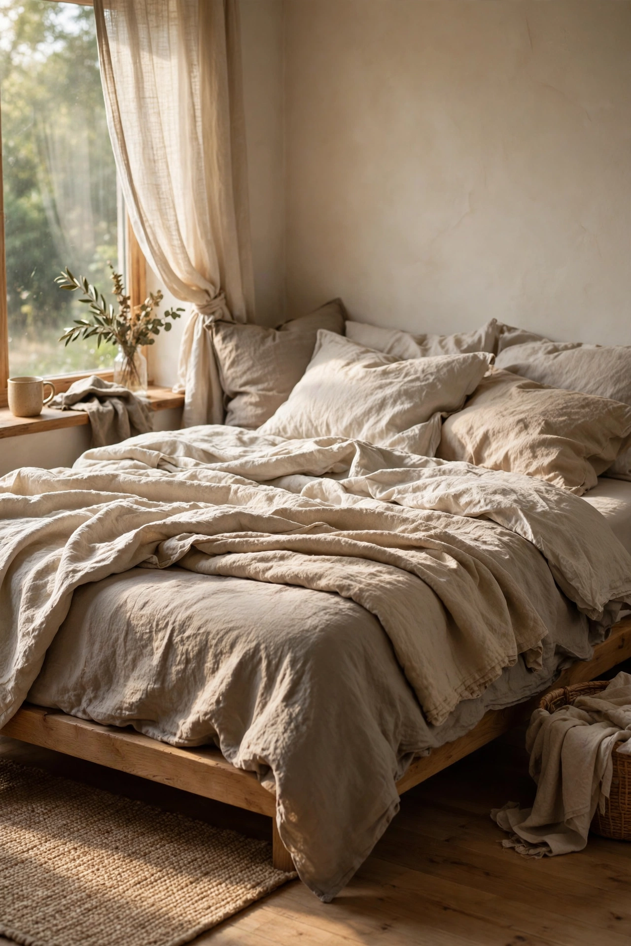Bed layered with undyed linen bedding in oat, stone and soft beige tones