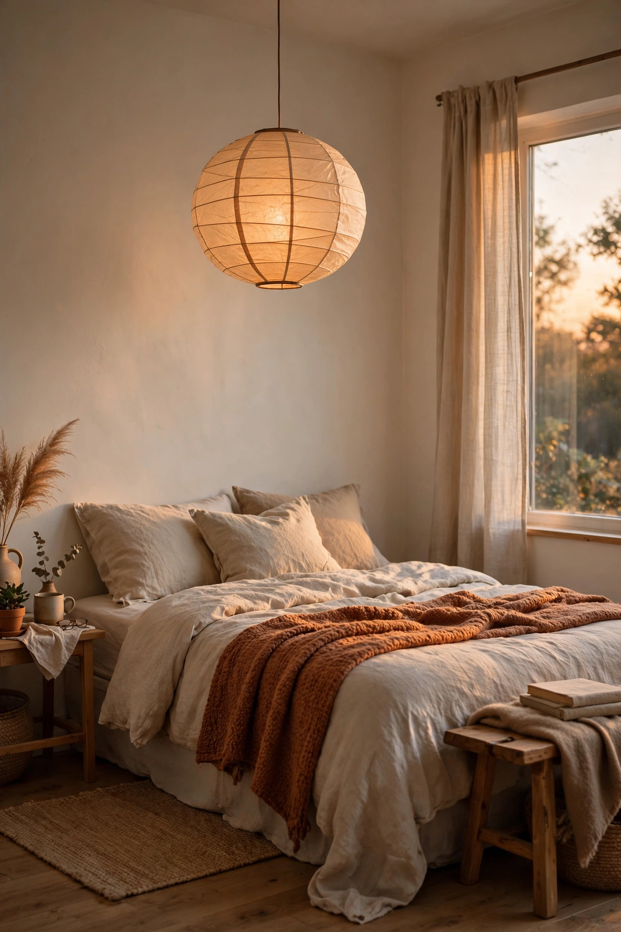 Round rice-paper lantern pendant light glowing warm above a Japandi bedroom