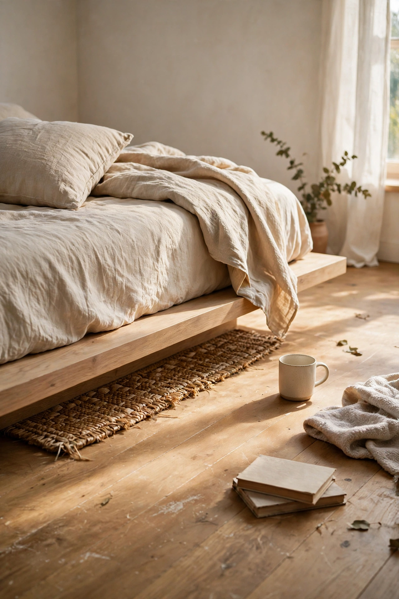 Woven rush-style rug tucked partly under a low bed in a calm Japandi bedroom