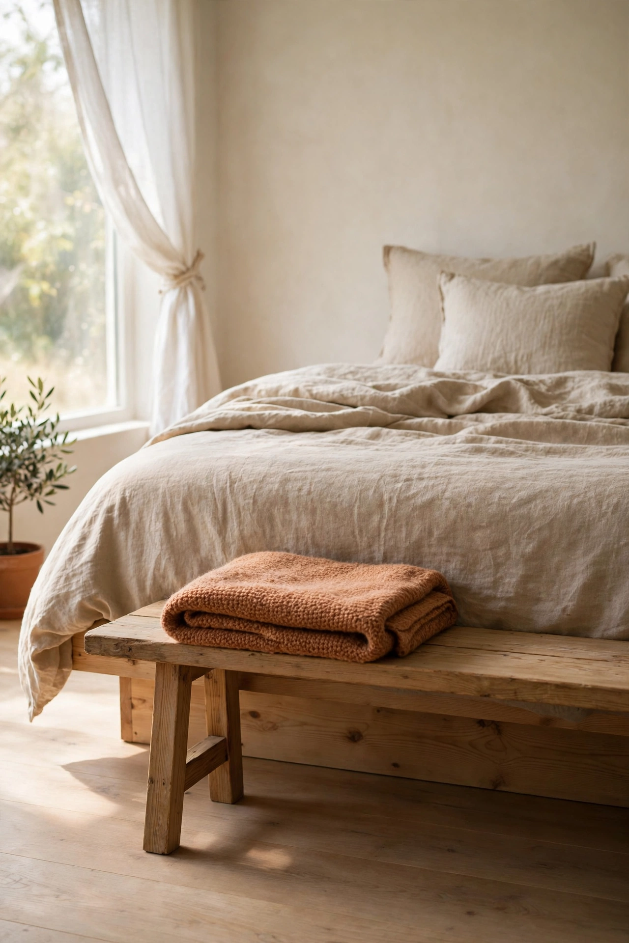 Low wooden bench at the foot of a bed holding a folded throw in a calm bedroom