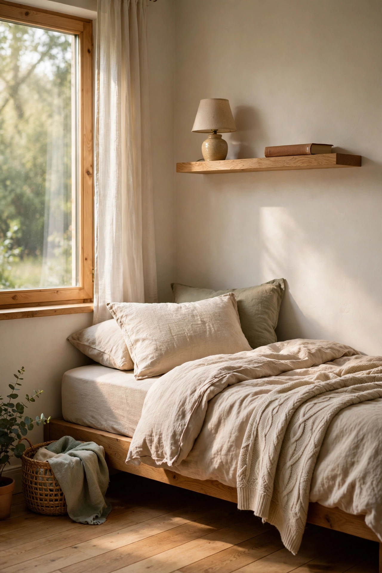 Floating oak shelf used as a bedside table holding a lamp and a book