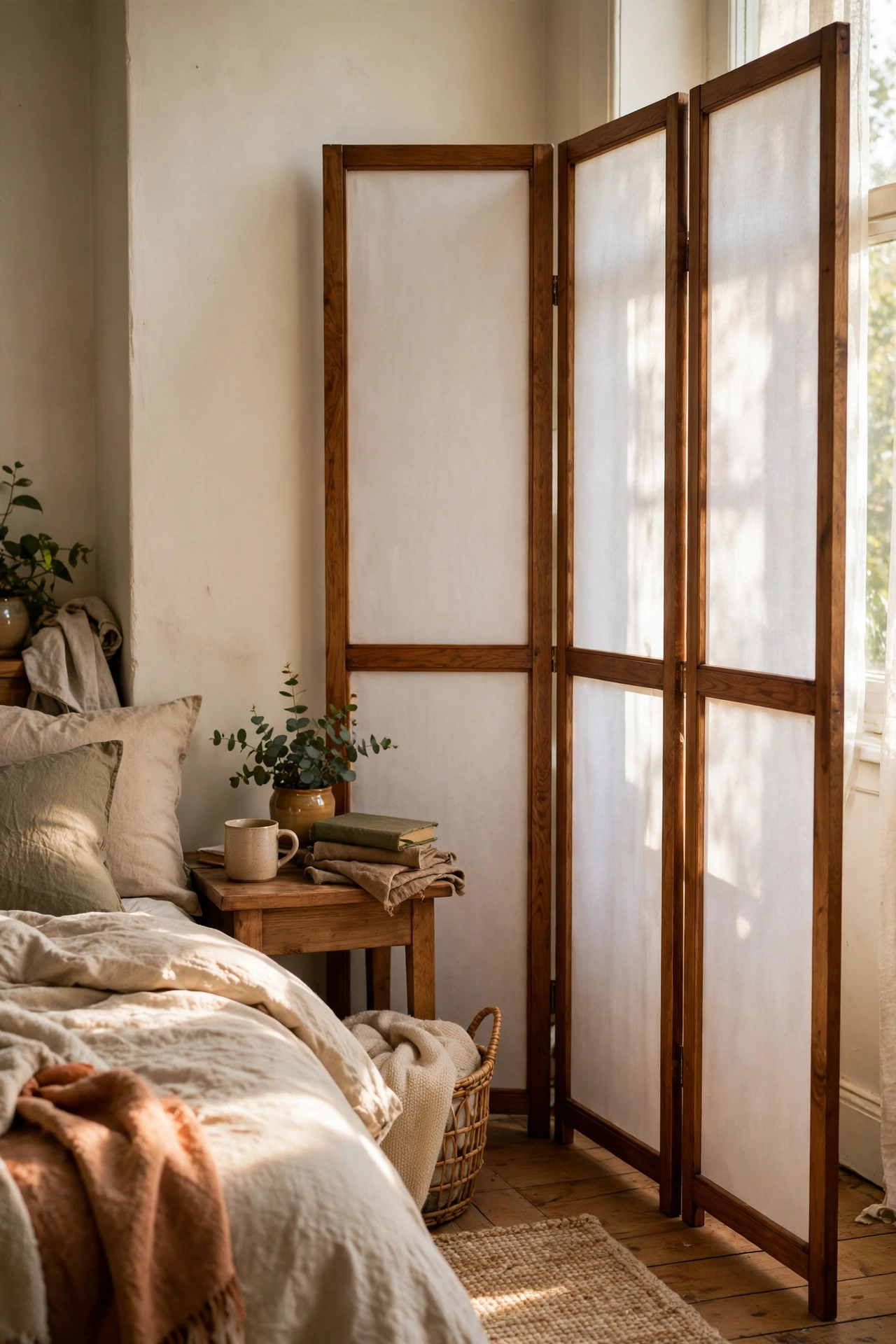 Three-panel shoji-style room divider screening a corner of a calm bedroom