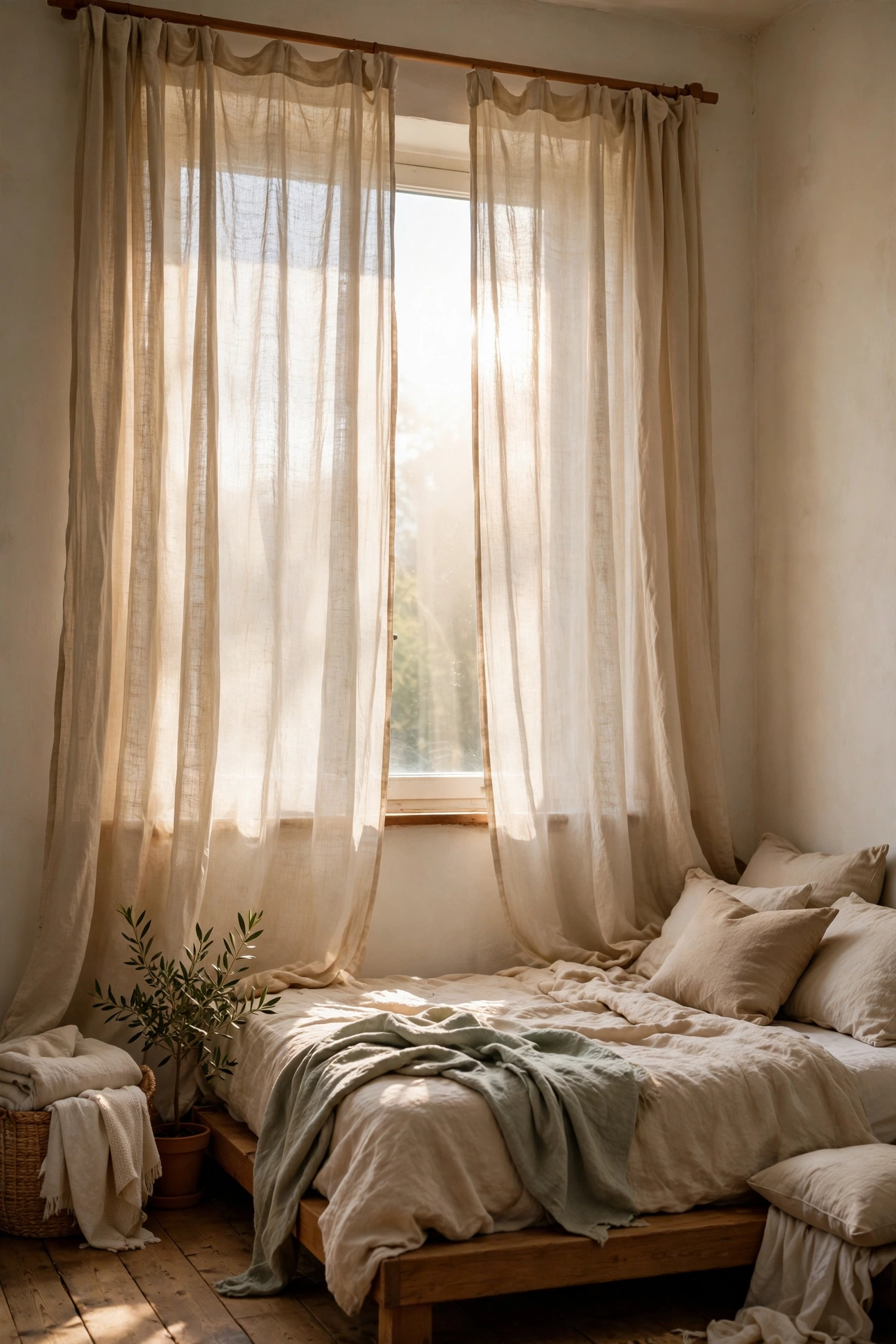 Sheer natural linen curtains filtering daylight in a minimalist bedroom