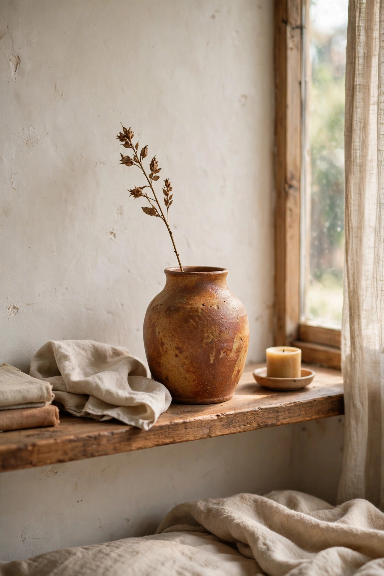 Handmade ceramic vase with an uneven glaze holding a single stem on a bedroom shelf