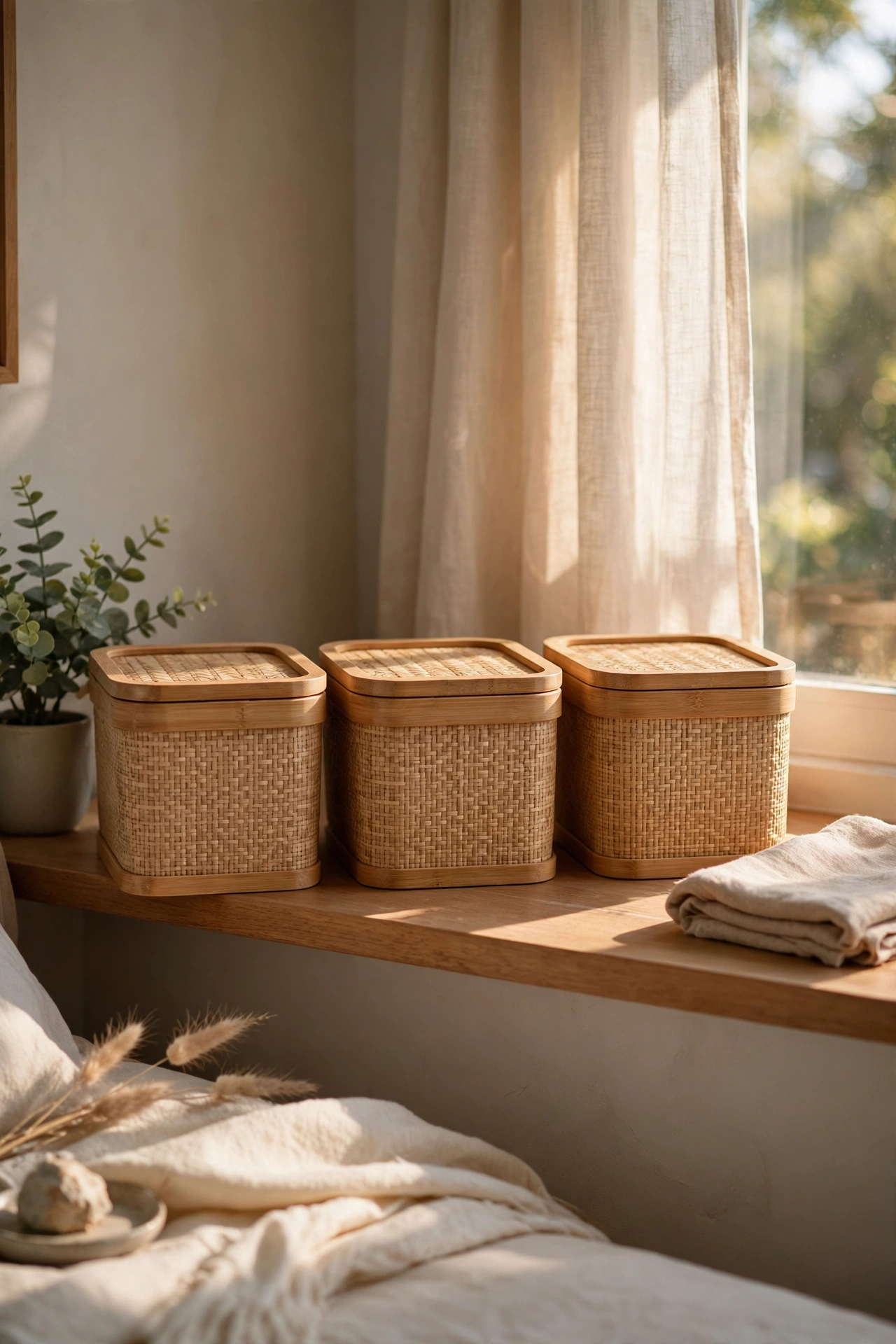 Lidded bamboo storage boxes tidying a bedroom shelf in a minimalist bedroom