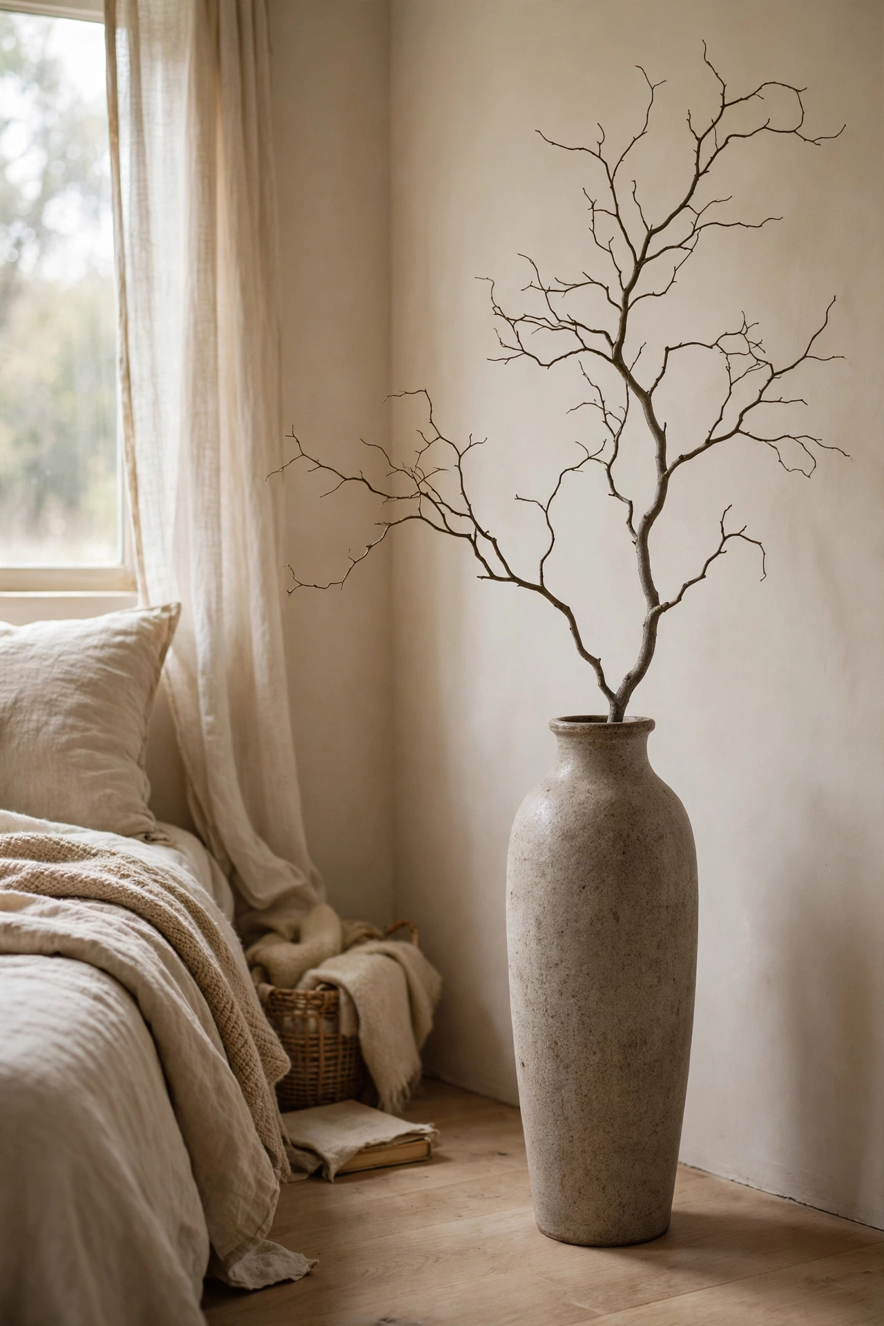 Single bare branch in a tall stoneware vase in a calm minimalist bedroom
