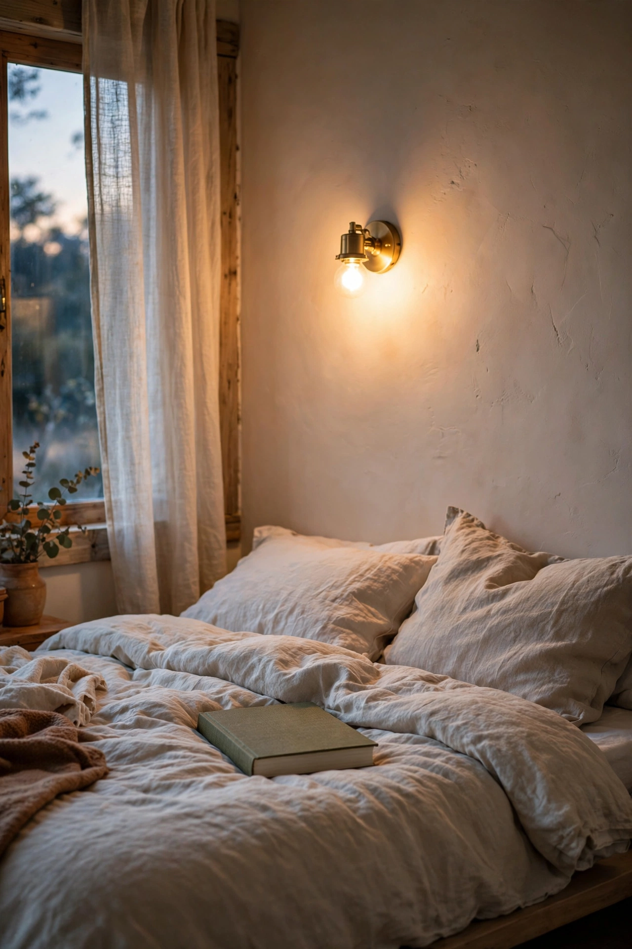 Small battery wall sconce mounted above a bed for reading light in a bedroom