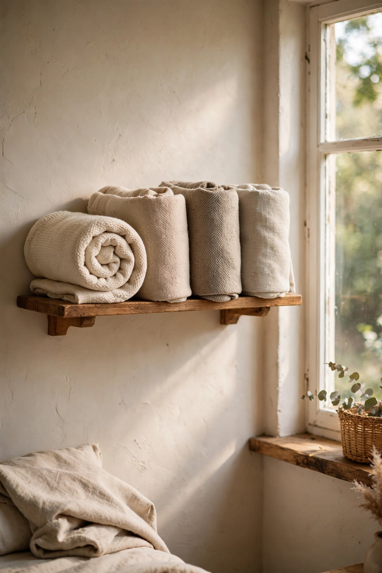 Rolled spare blankets standing on an open wooden shelf in a tidy bedroom