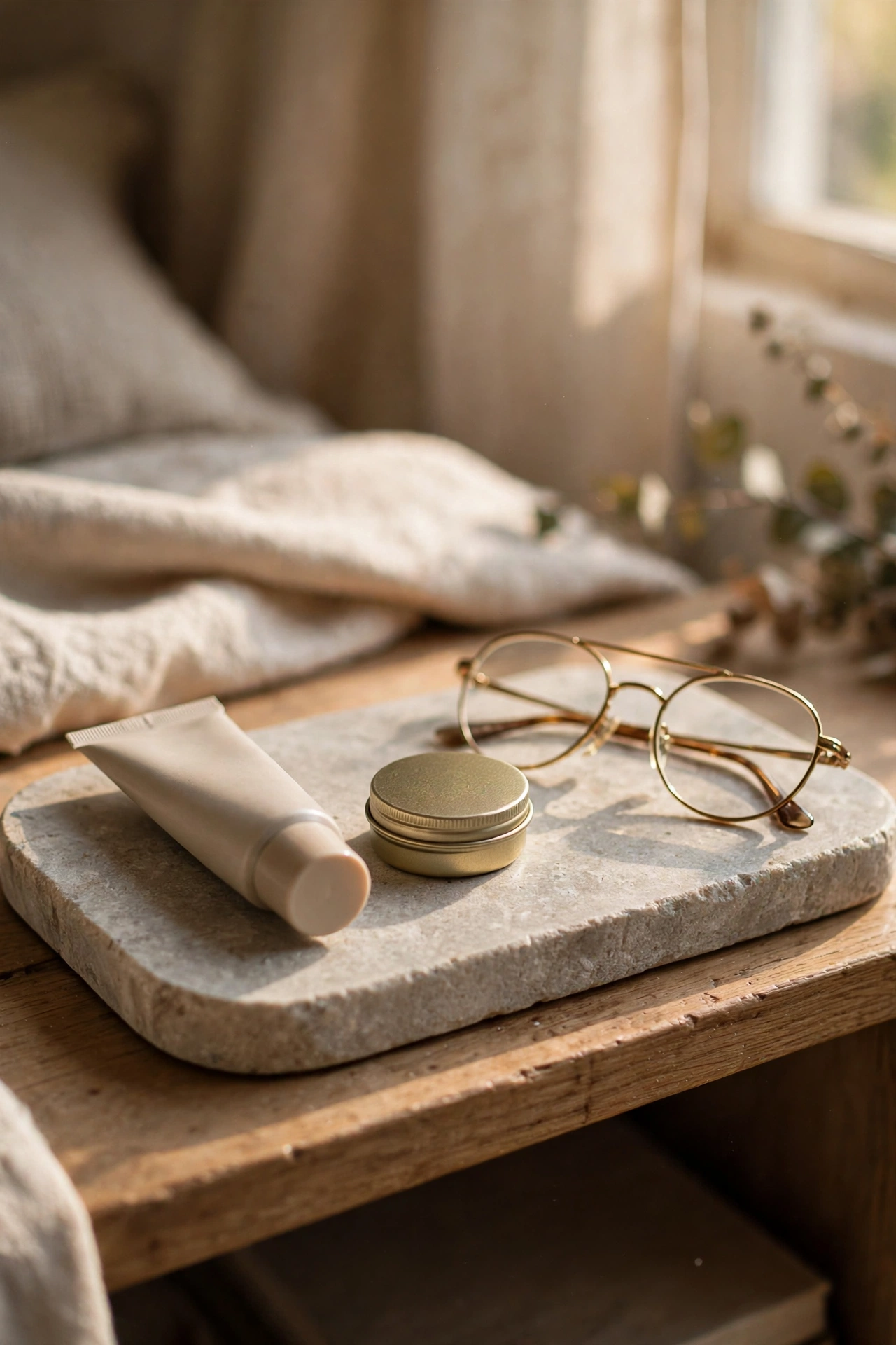 Stone tray holding lip balm, hand cream and glasses on a bedroom bedside shelf