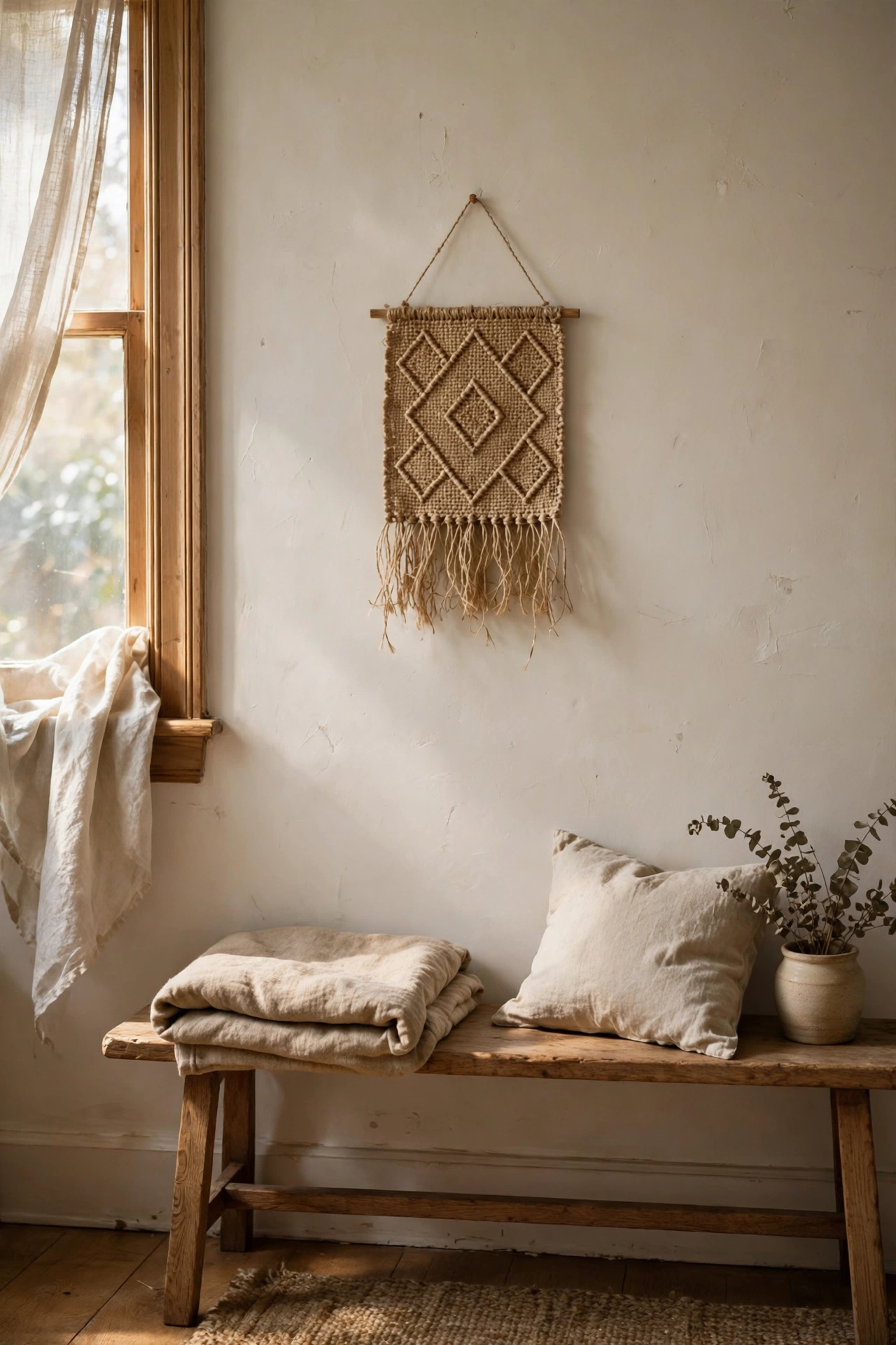 Small handwoven jute wall hanging on a bare bedroom wall in a Japandi room