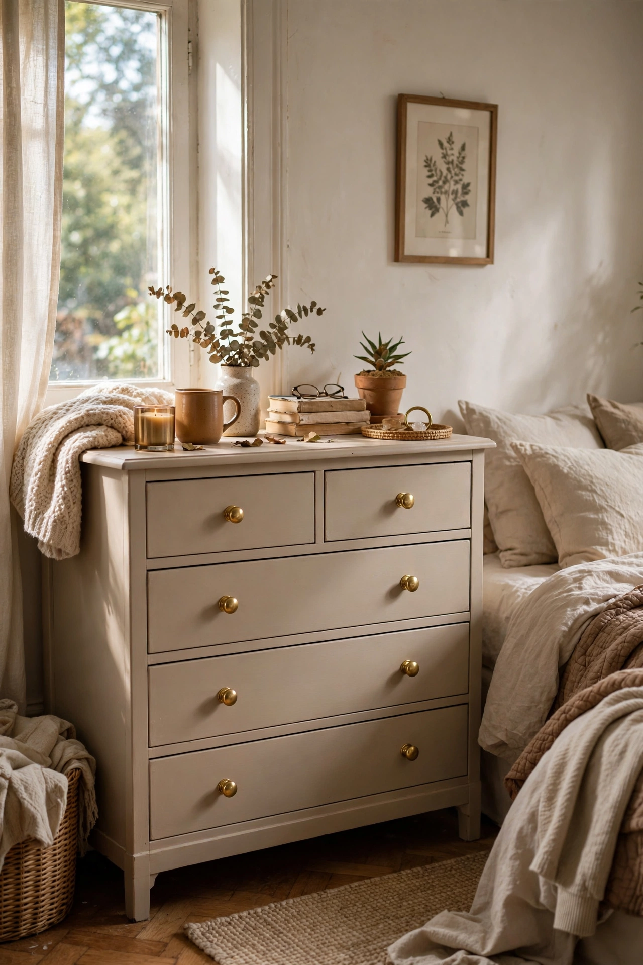 Thrifted dresser freshly painted with new brass knobs in a bedroom