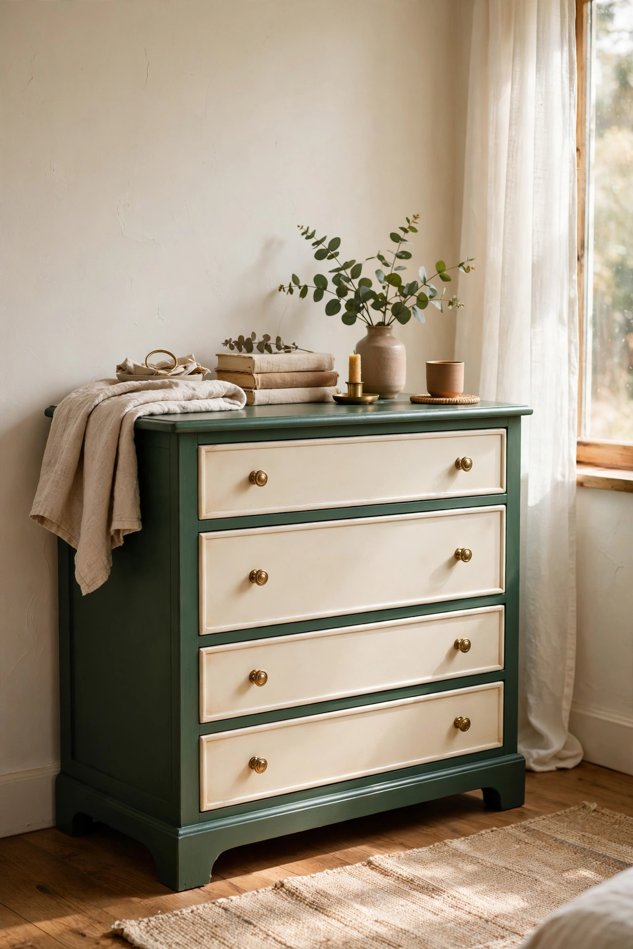 Two-tone dresser with forest green body and cream drawer fronts in a bedroom