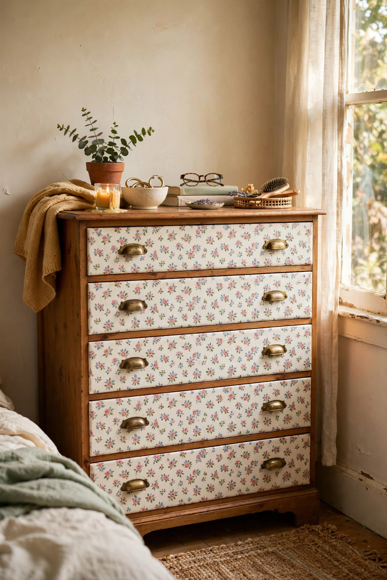 Dresser with drawer fronts covered in patterned wrapping paper decoupage