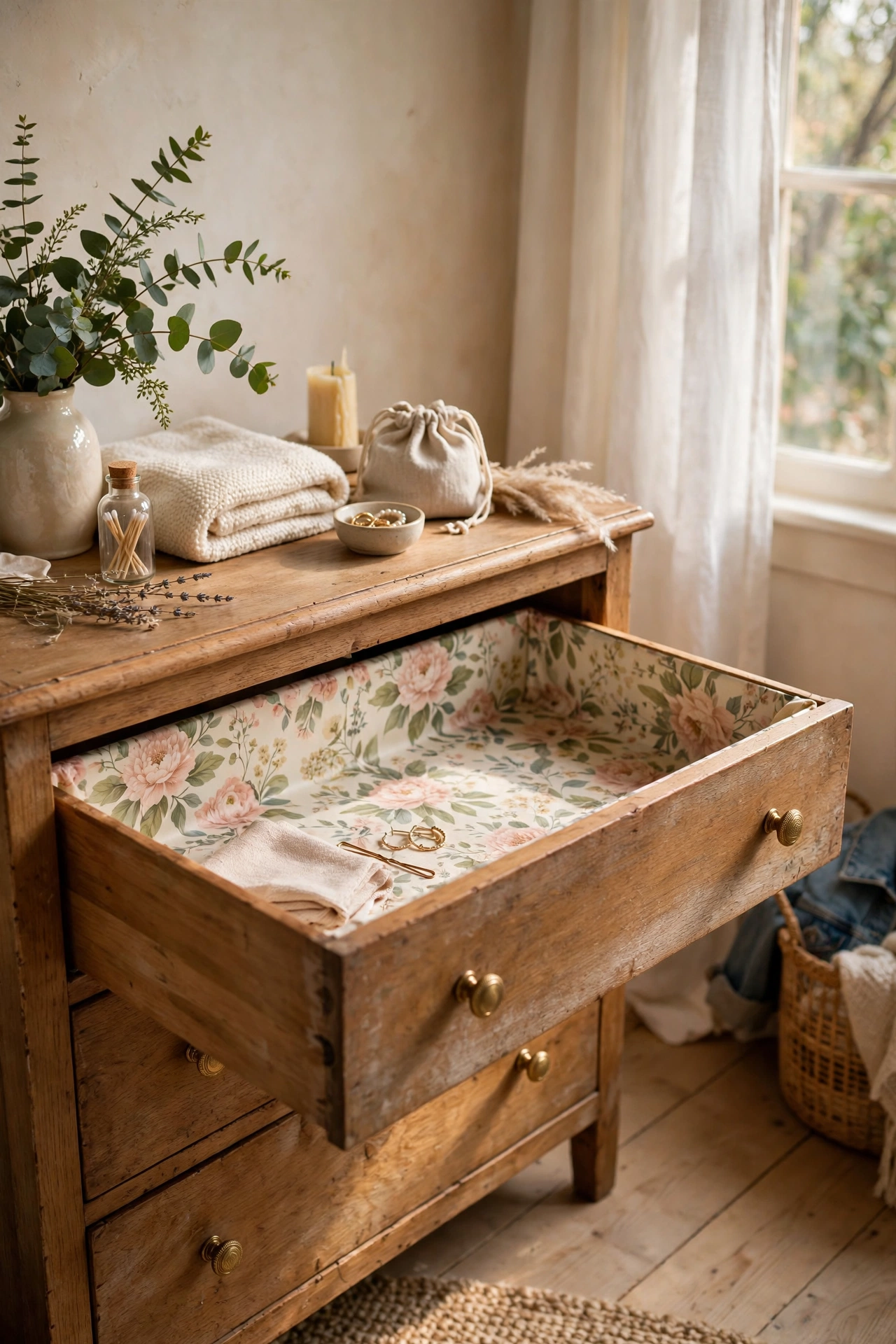 Open dresser drawer showing floral peel-and-stick wallpaper liner inside