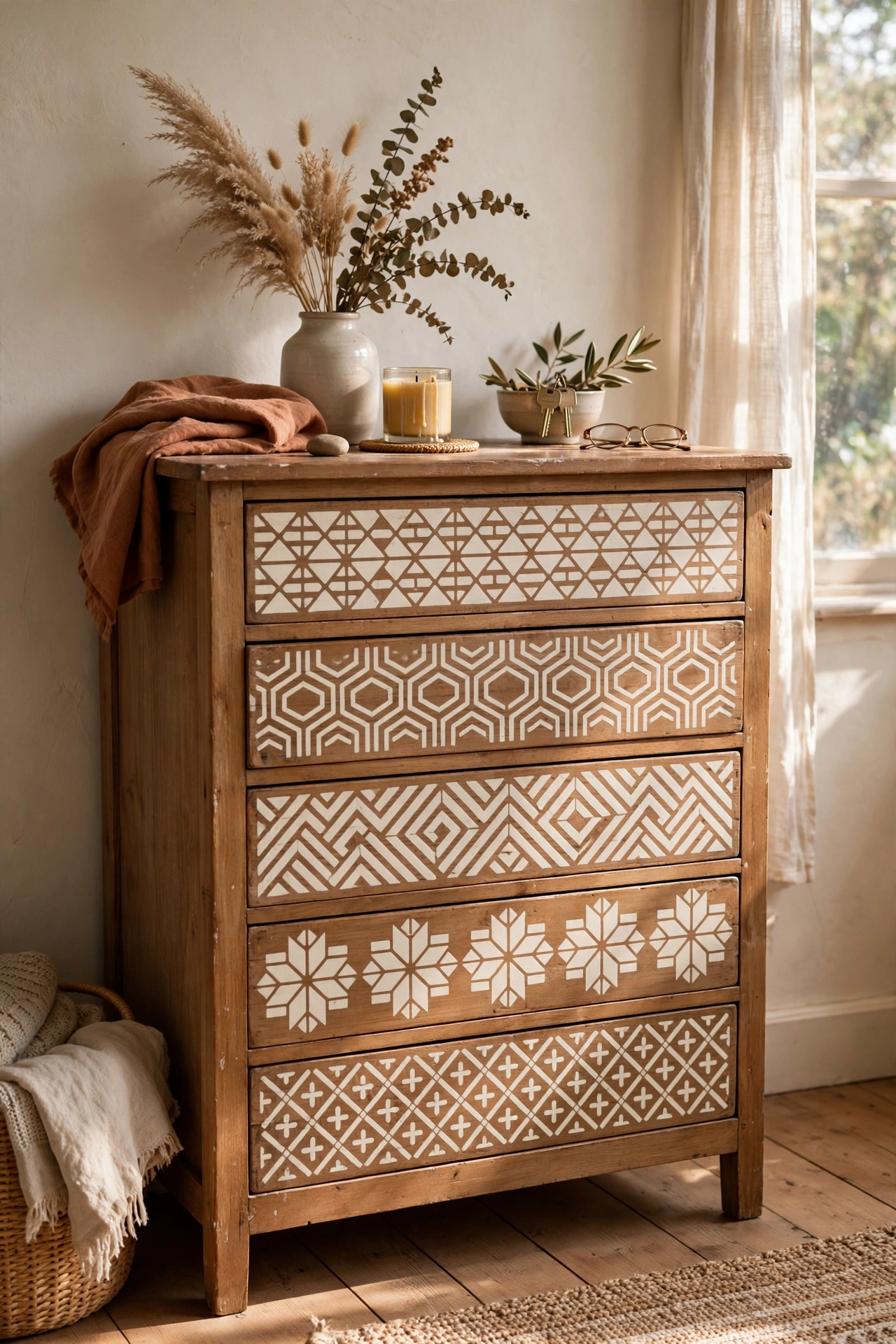 Dresser drawer fronts with a stencilled geometric pattern in a bedroom