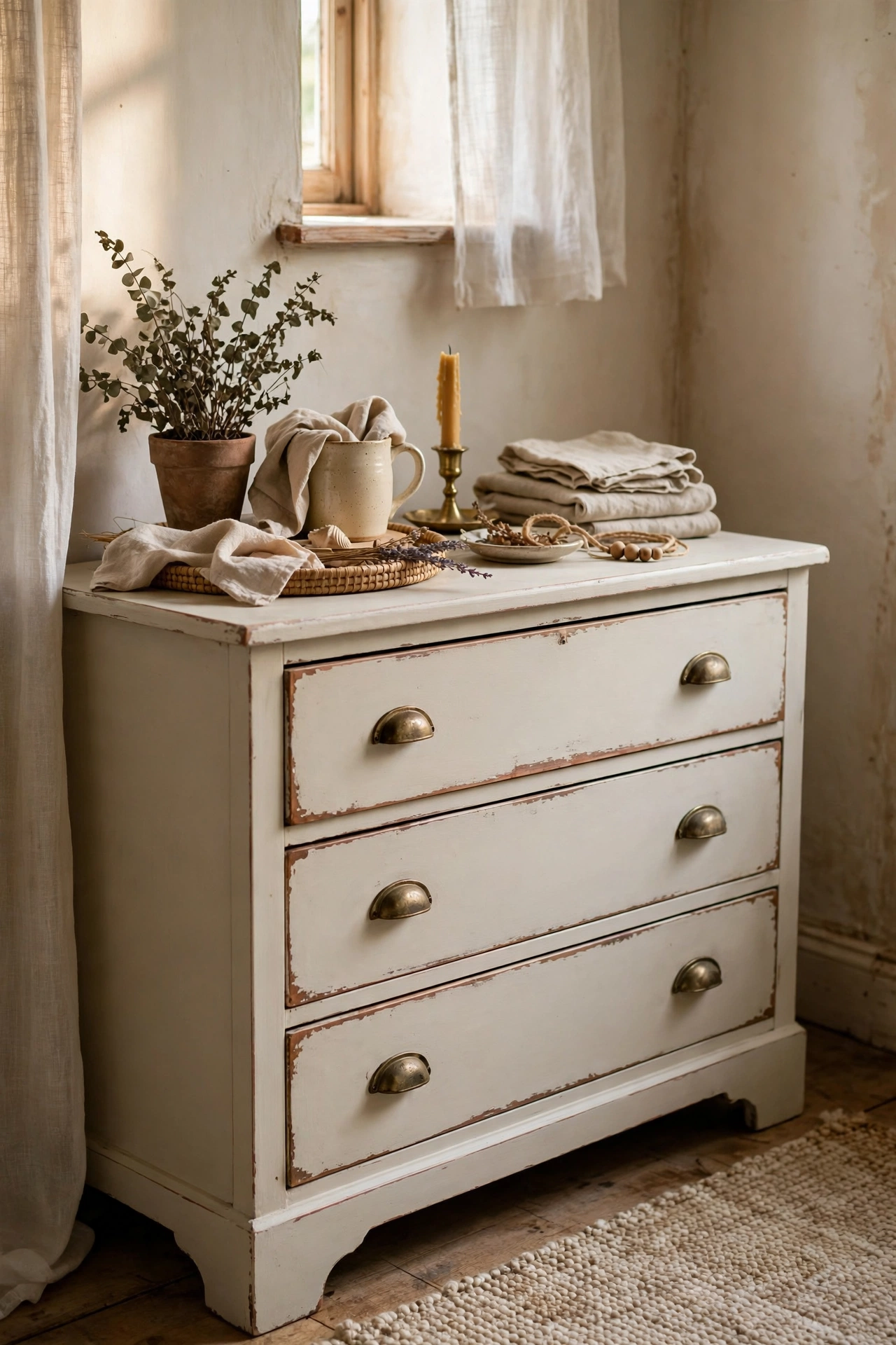Chalk painted dresser with lightly distressed edges revealing wood beneath