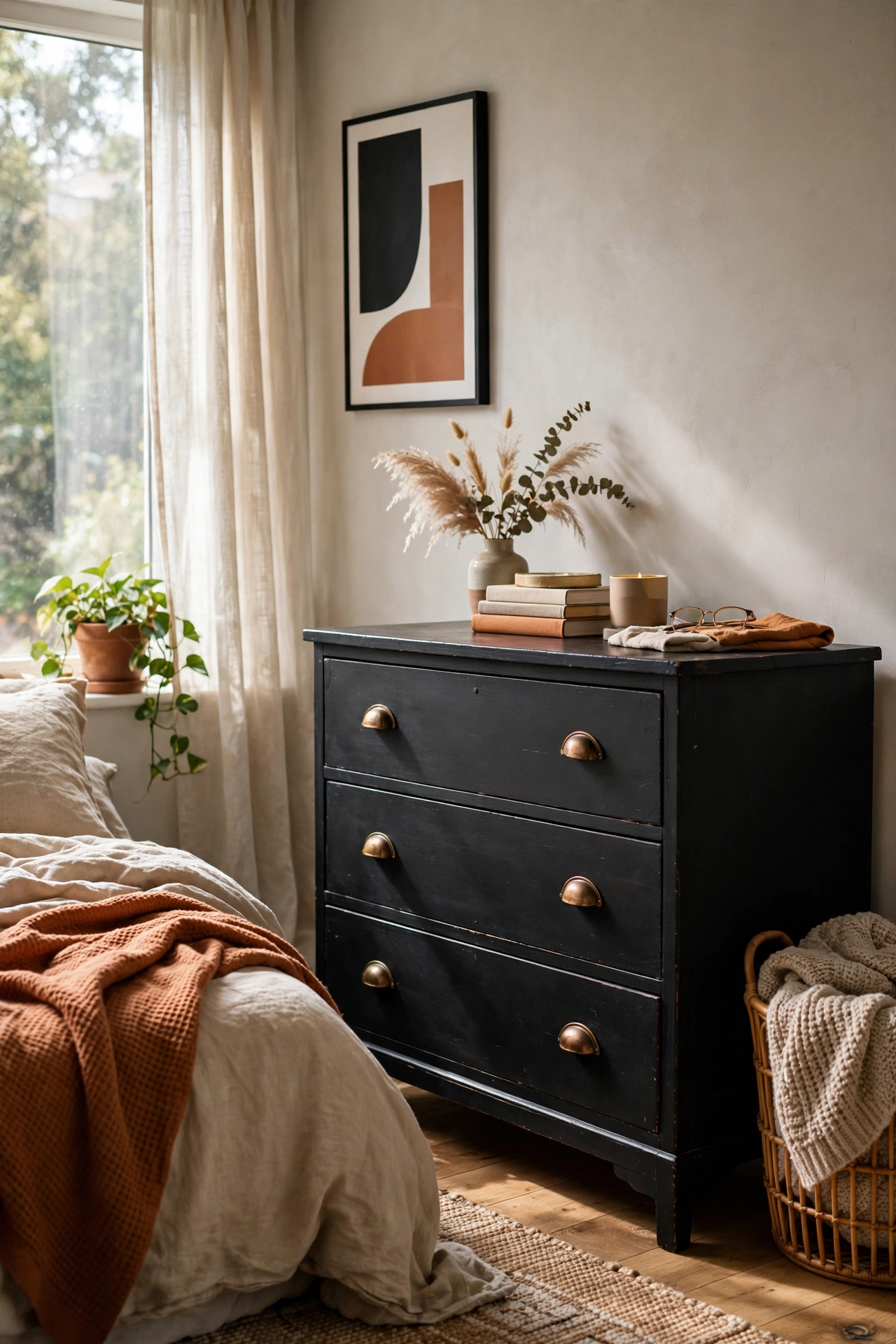 Thrifted dresser painted matte black with brass knobs in a modern bedroom