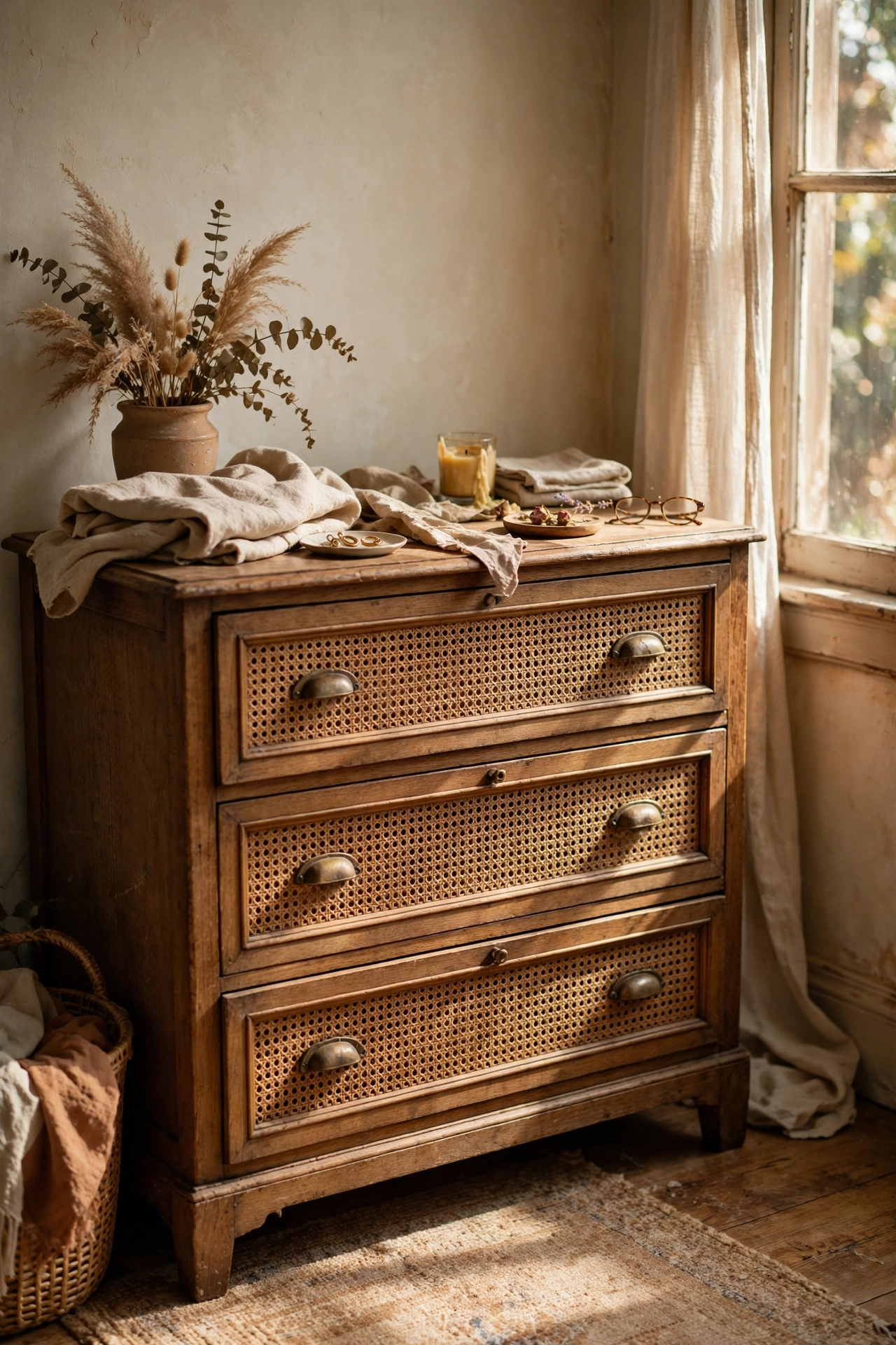 Dresser drawer fronts with woven cane webbing inserts in a bedroom