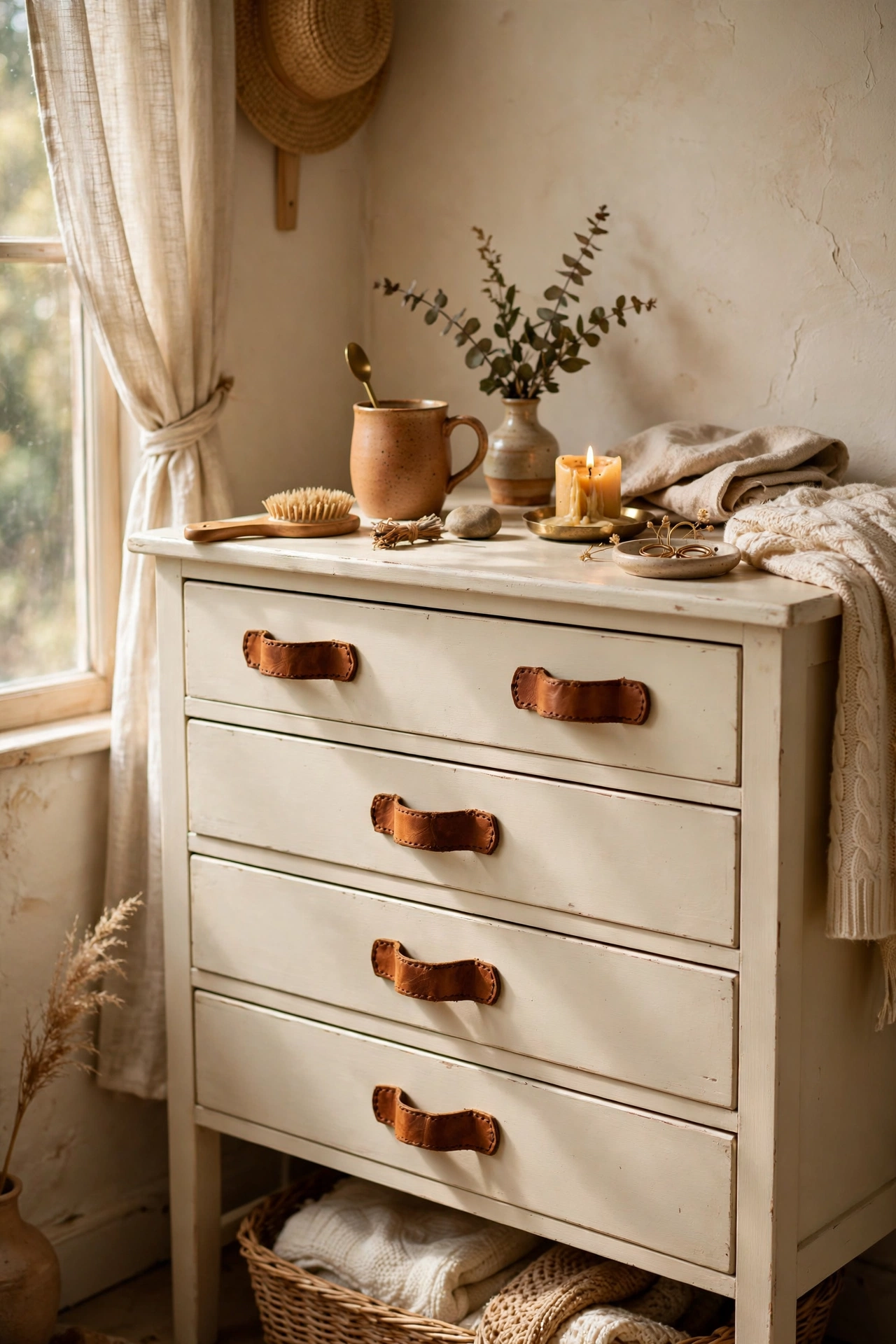 Dresser with handmade leather pulls on painted drawers in a bedroom
