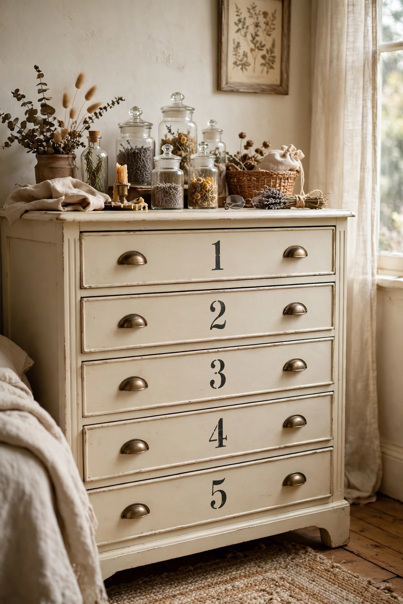 Cream dresser with stencilled serif numbers on each drawer front in a bedroom