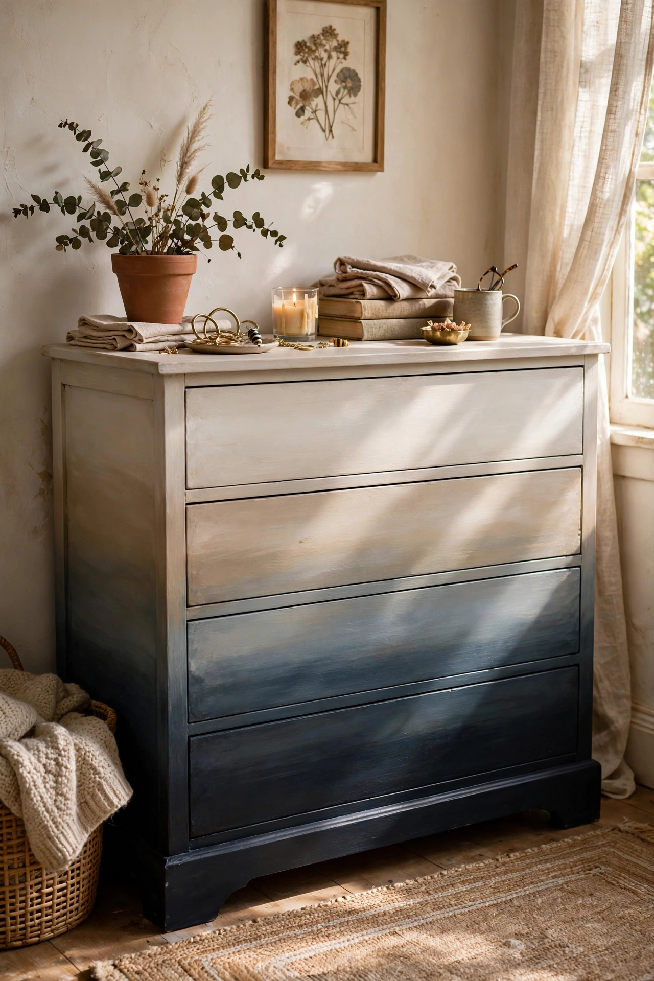 Dresser with ombré paint fading from dark to light across the drawers in a bedroom