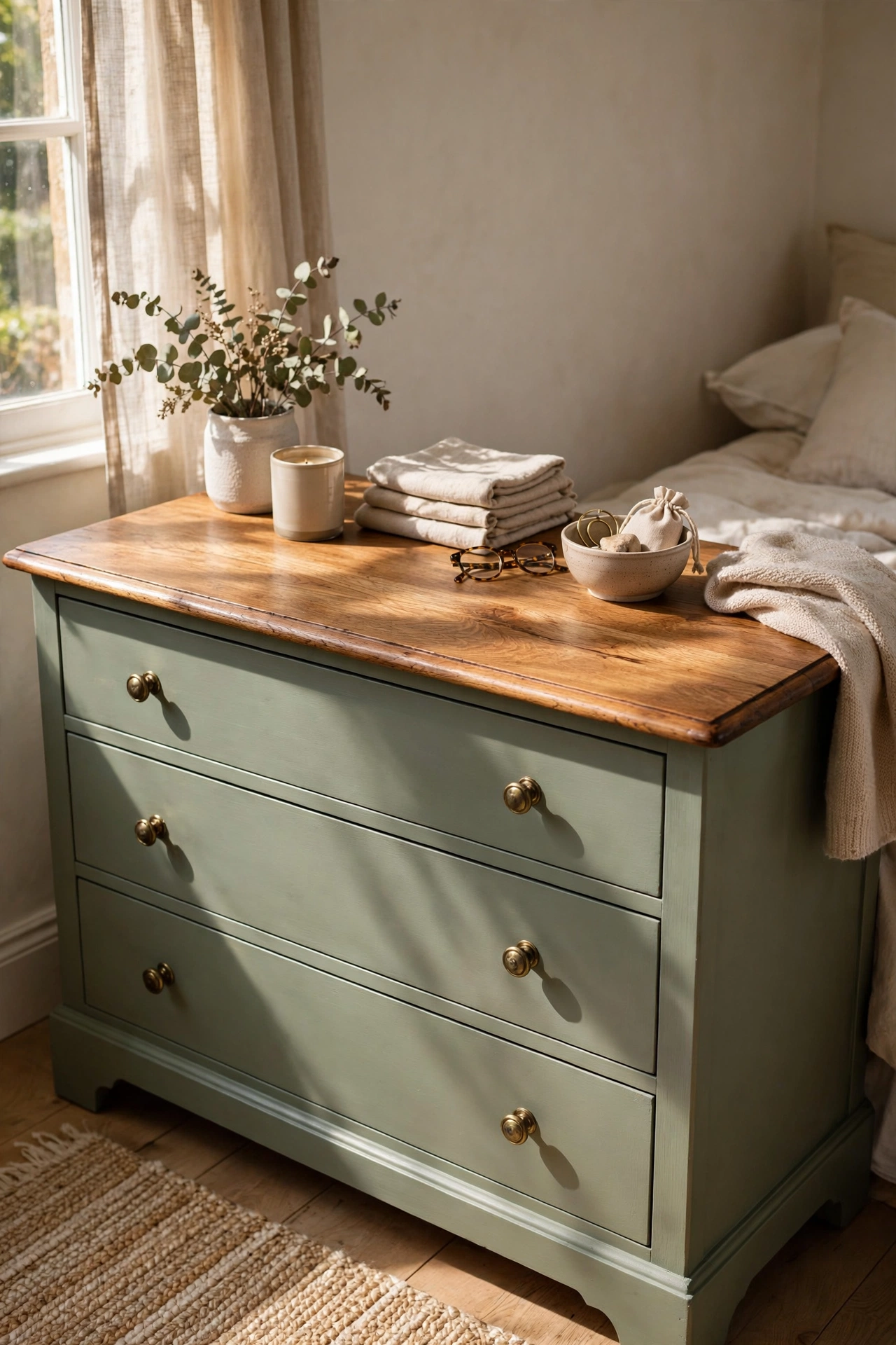 Dresser with restored natural wood top and sage green painted body in a bedroom